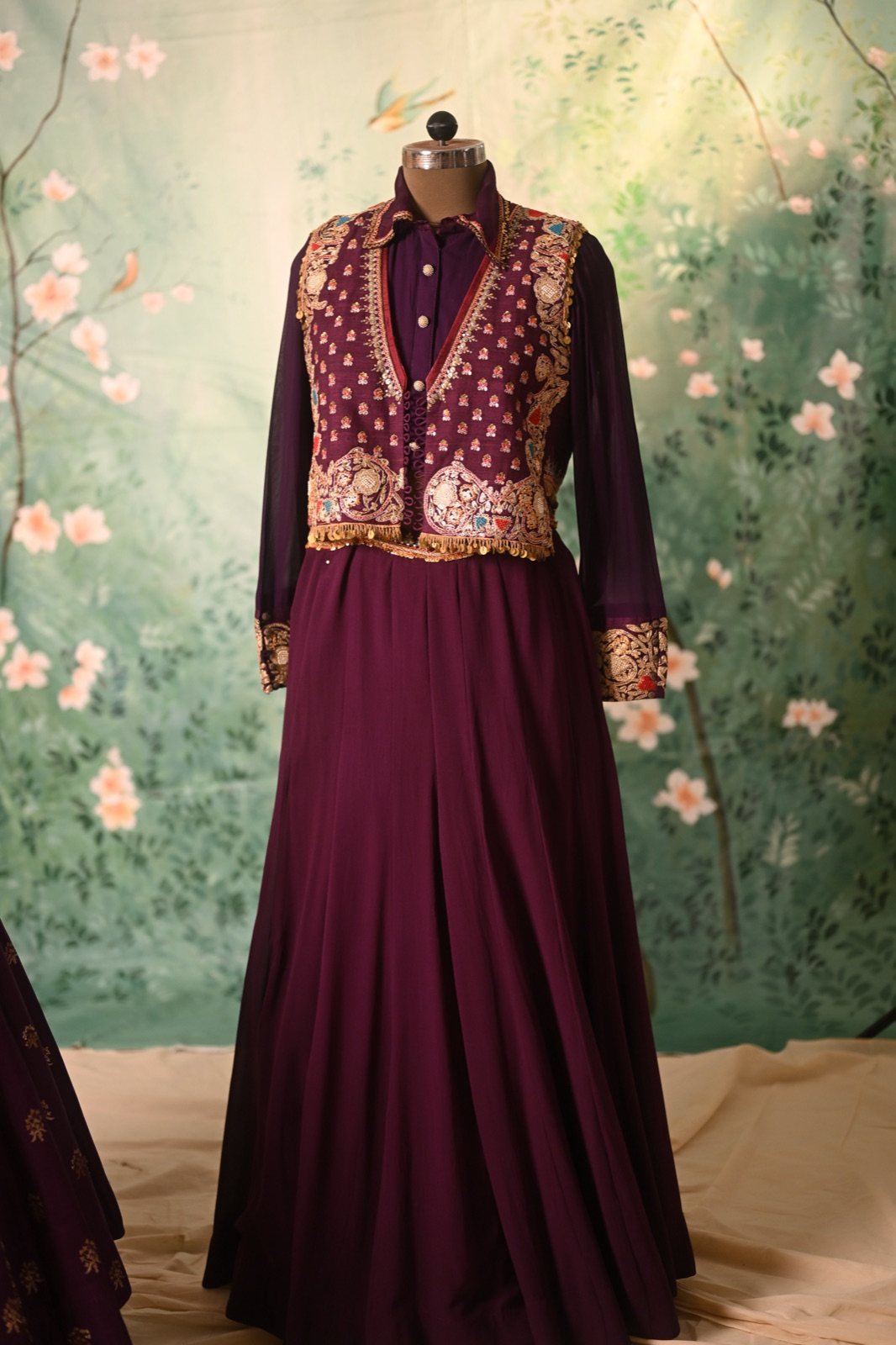 Aubergine Gown with Embroidered Cropped Jacket