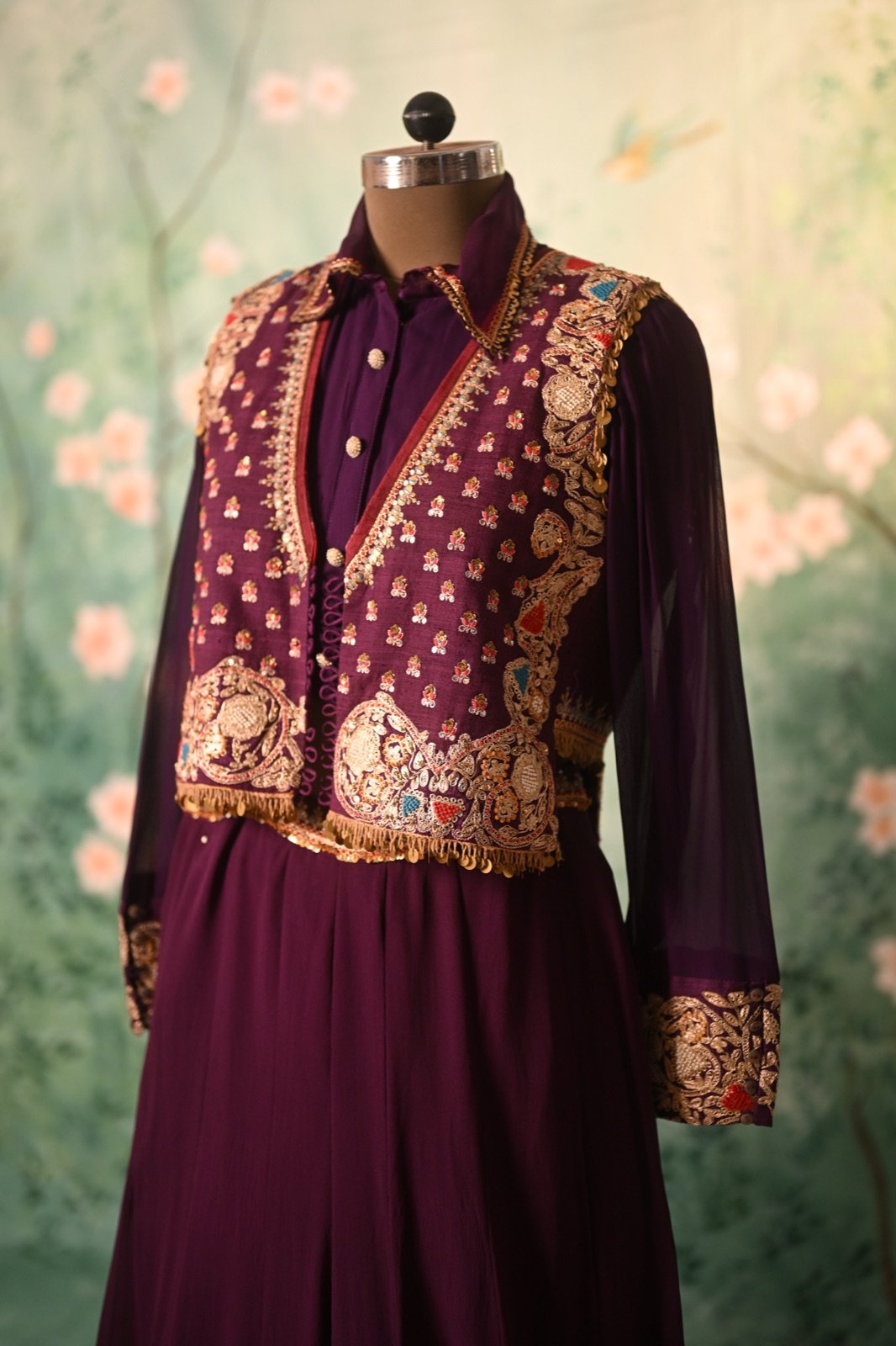 Aubergine Gown with Embroidered Cropped Jacket