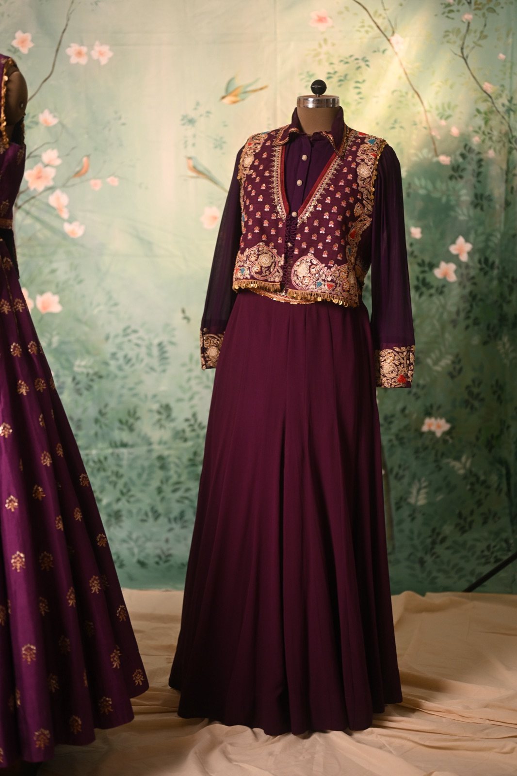 Aubergine Gown with Embroidered Cropped Jacket - view 3