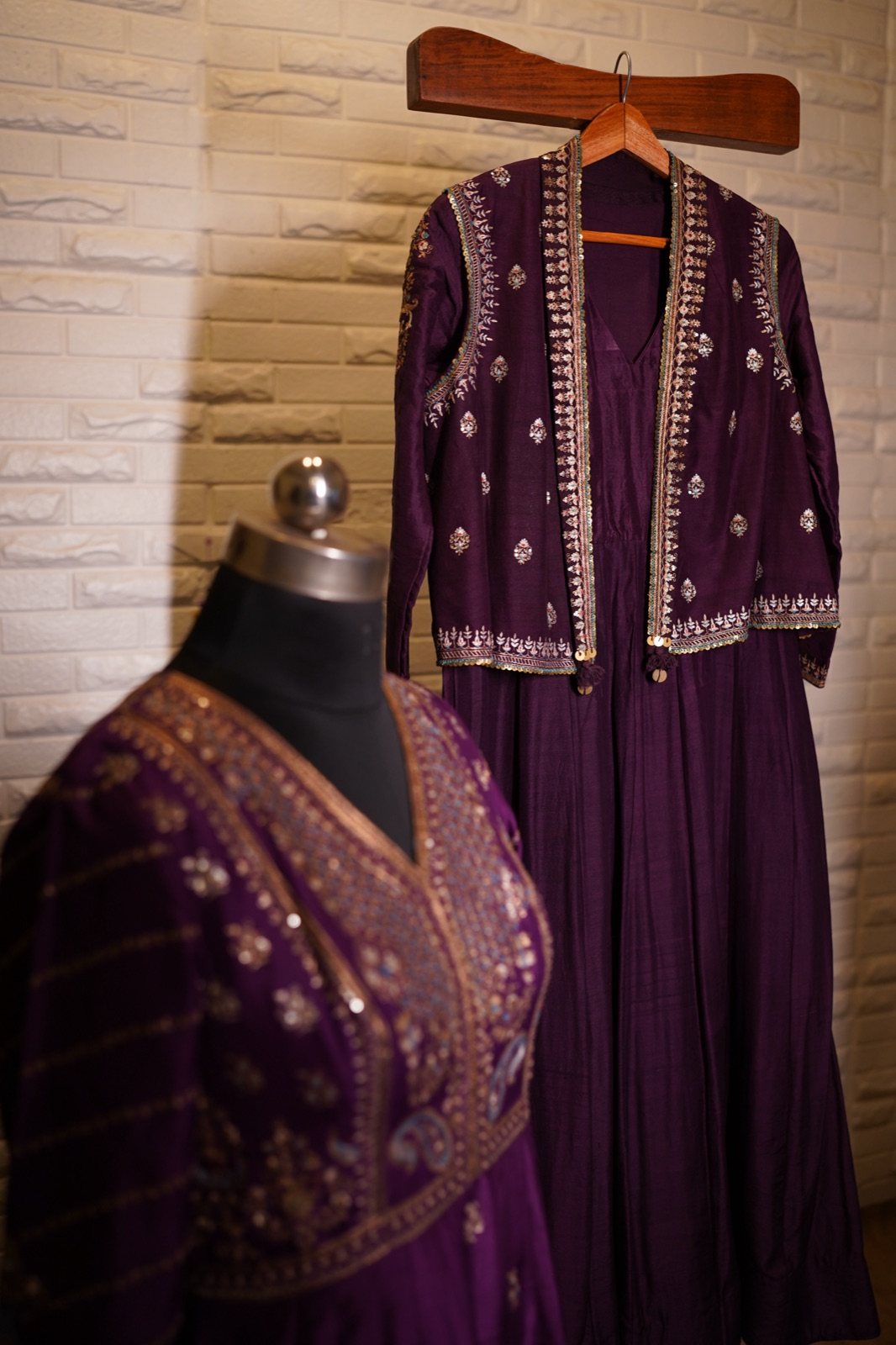 Aubergine Gown with Embroidered Cropped Jacket - view 4