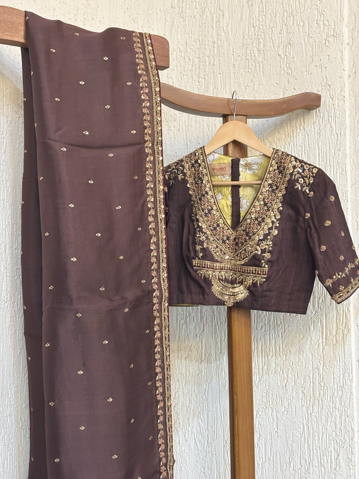 Chocolate Brown Silk Saree with Zardozi Blouse - view 3