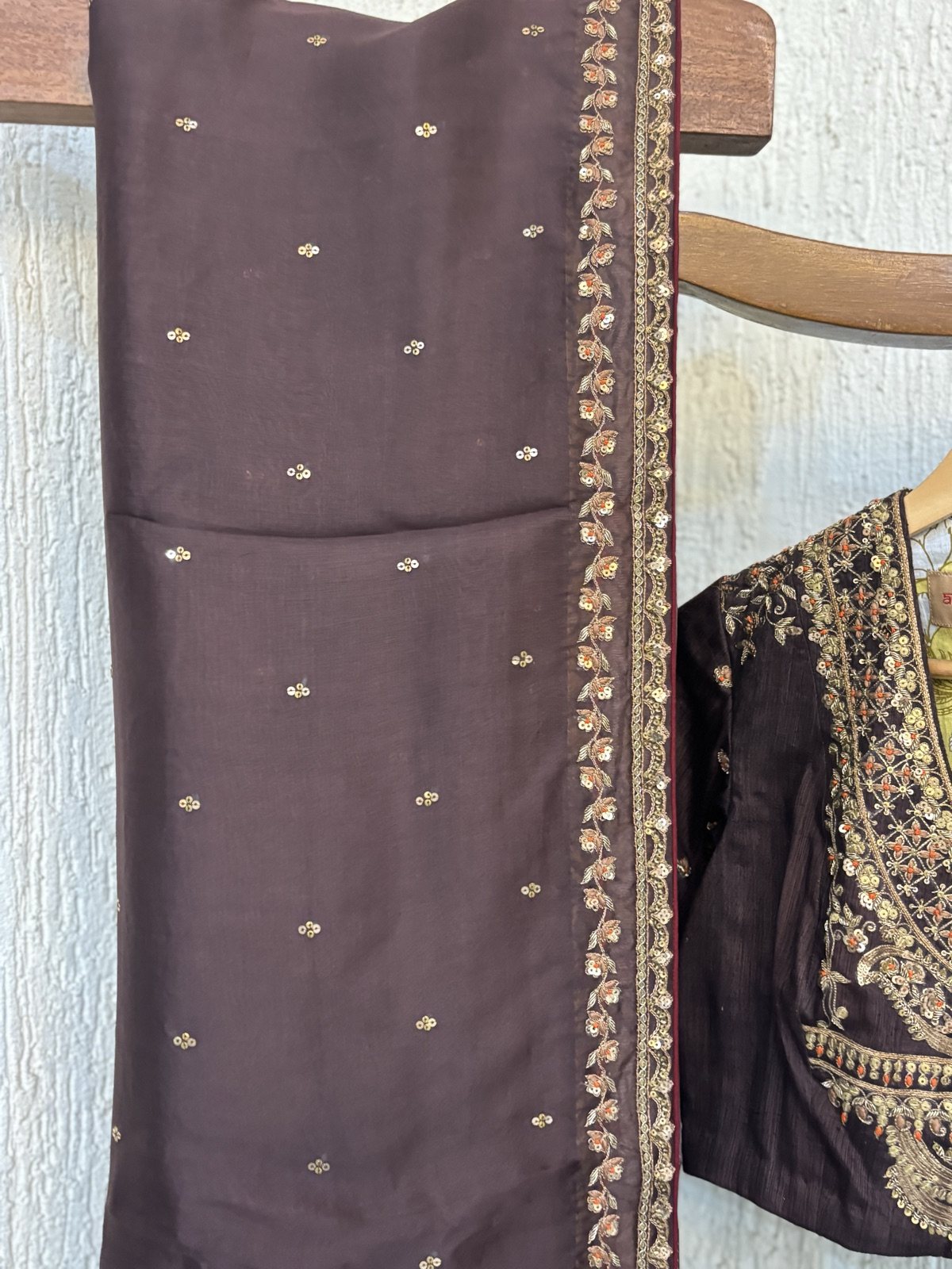 Chocolate Brown Silk Saree with Zardozi Blouse - view 4