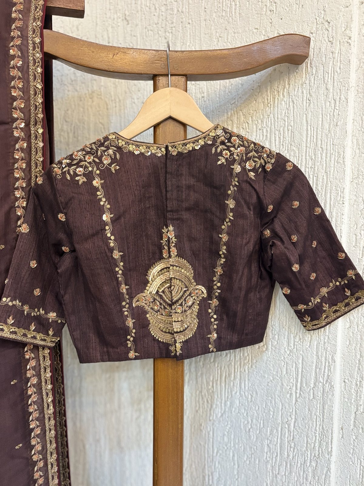 Chocolate Brown Silk Saree with Zardozi Blouse - view 7