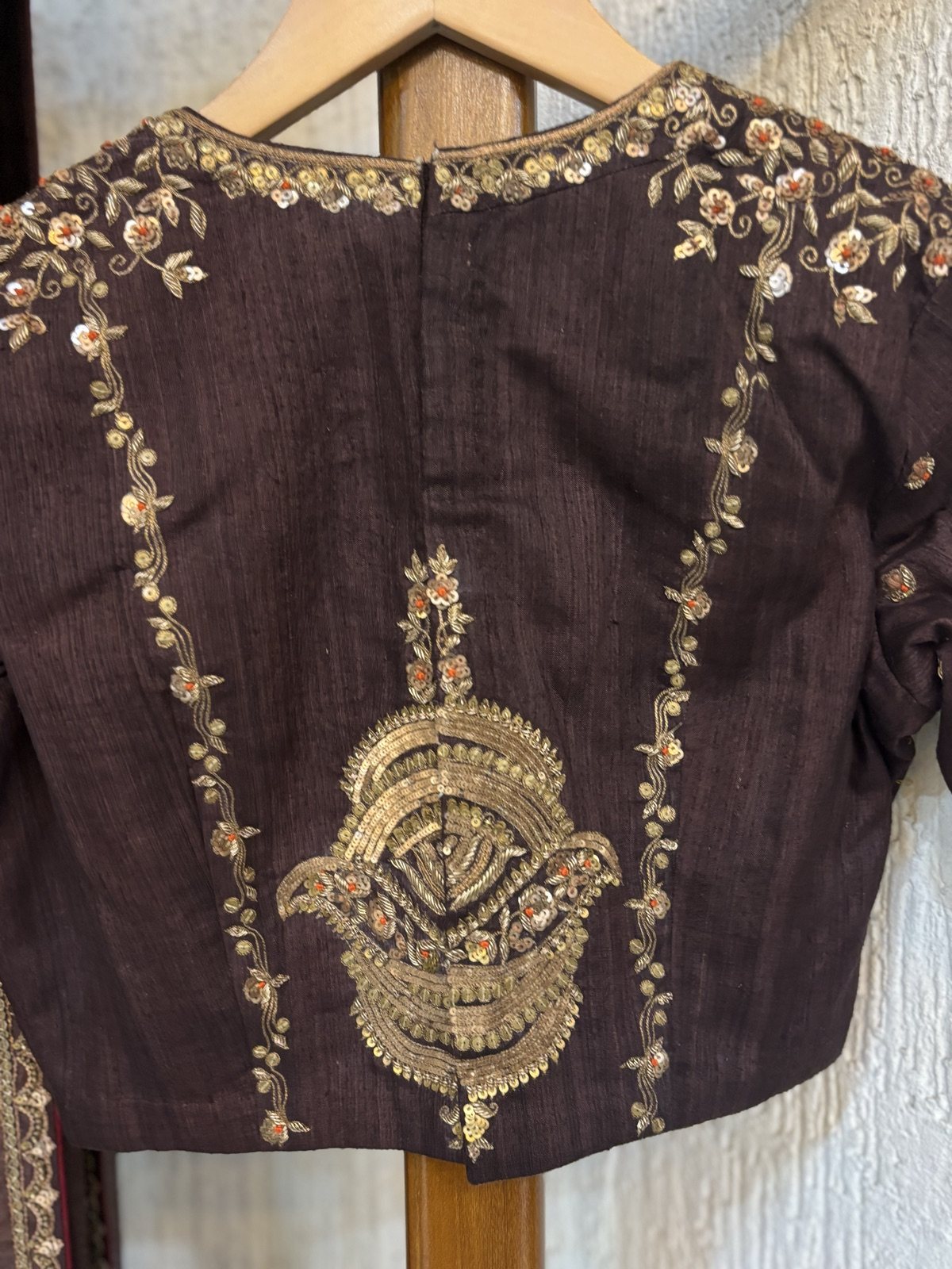 Chocolate Brown Silk Saree with Zardozi Blouse - view 8