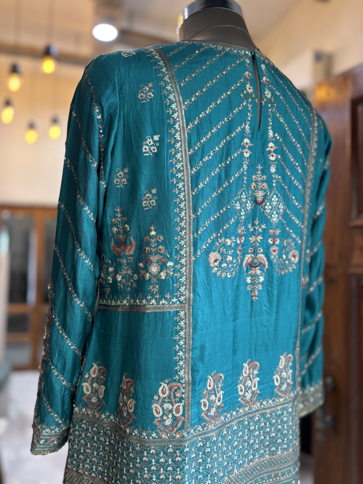 Peacock Teal Zari Kurta Lehenga Set - view 4