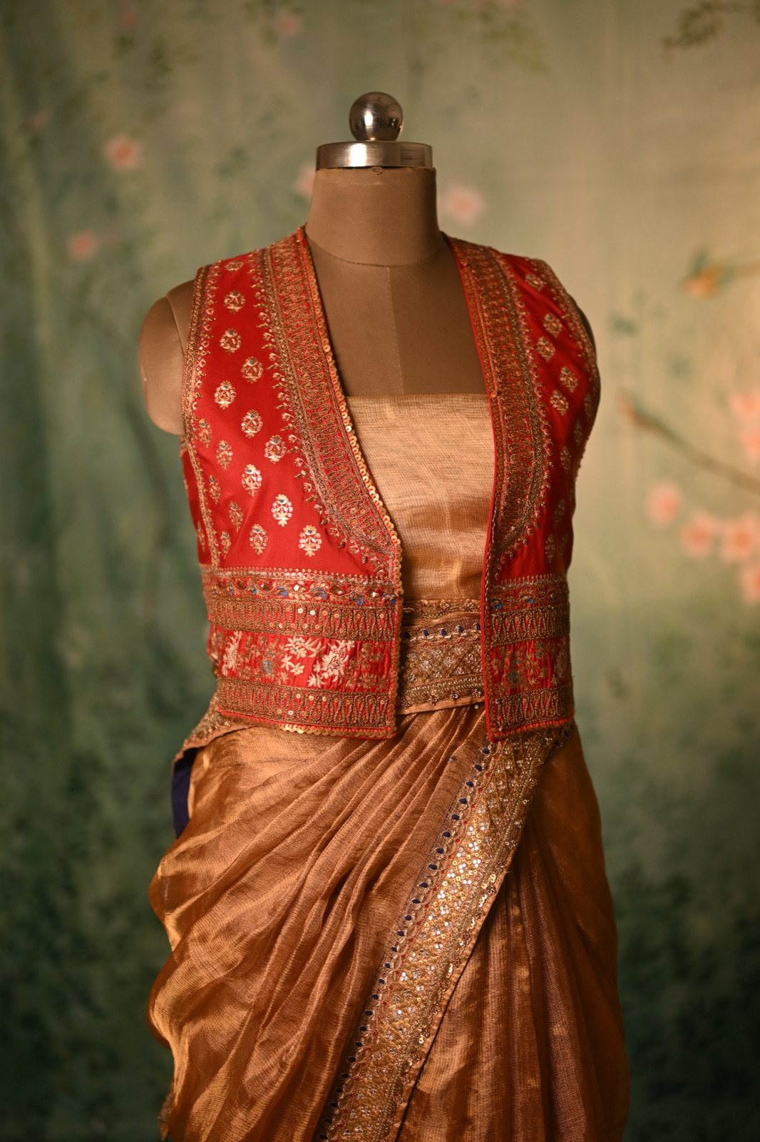 Copper Tissue Draped Saree with Red Brocade Jacket