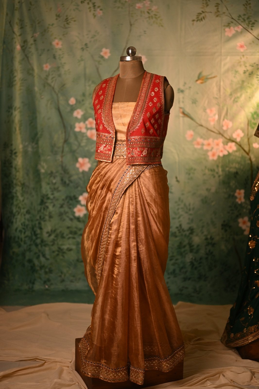 Copper Tissue Draped Saree with Red Brocade Jacket