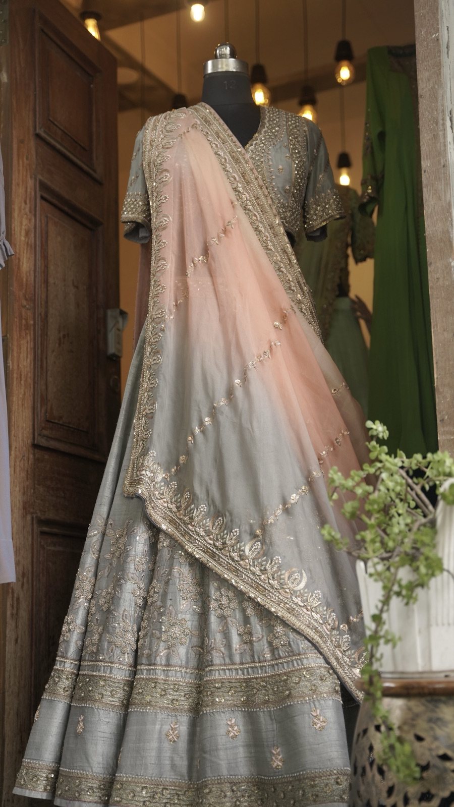 Dove Grey Lehenga with Peach Embroidered Dupatta