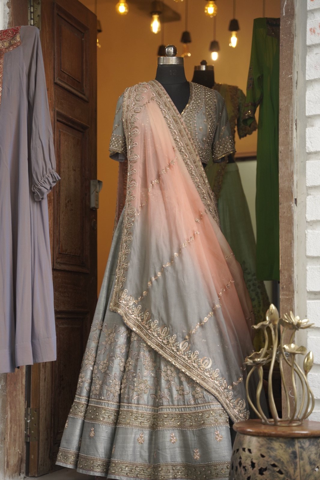 Dove Grey Lehenga with Peach Embroidered Dupatta