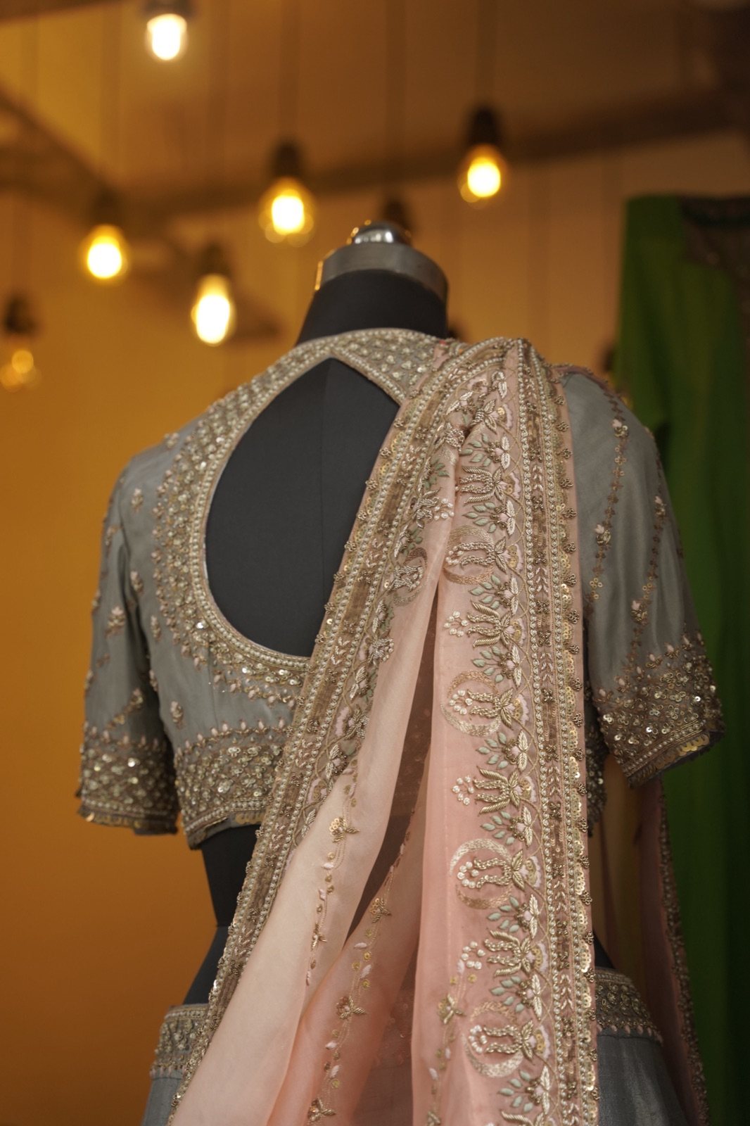 Dove Grey Lehenga with Peach Embroidered Dupatta - view 4