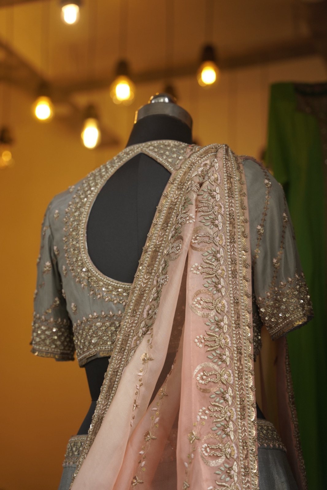 Dove Grey Lehenga with Peach Embroidered Dupatta - view 6