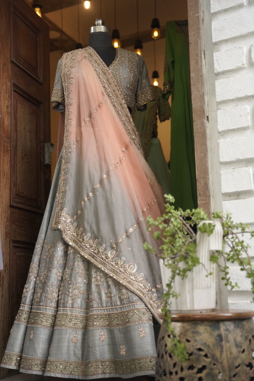 Dove Grey Lehenga with Peach Embroidered Dupatta - view 7