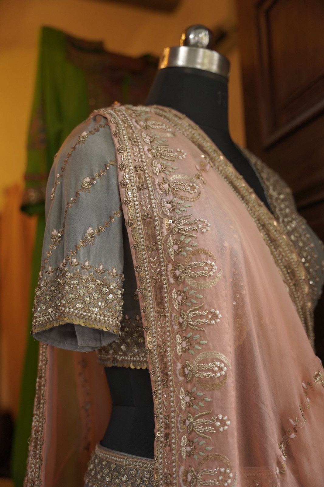 Dove Grey Lehenga with Peach Embroidered Dupatta - view 8