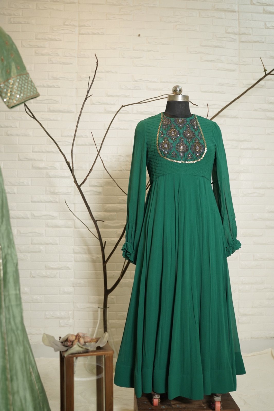 Emerald Green Anarkali with Embroidered Yoke