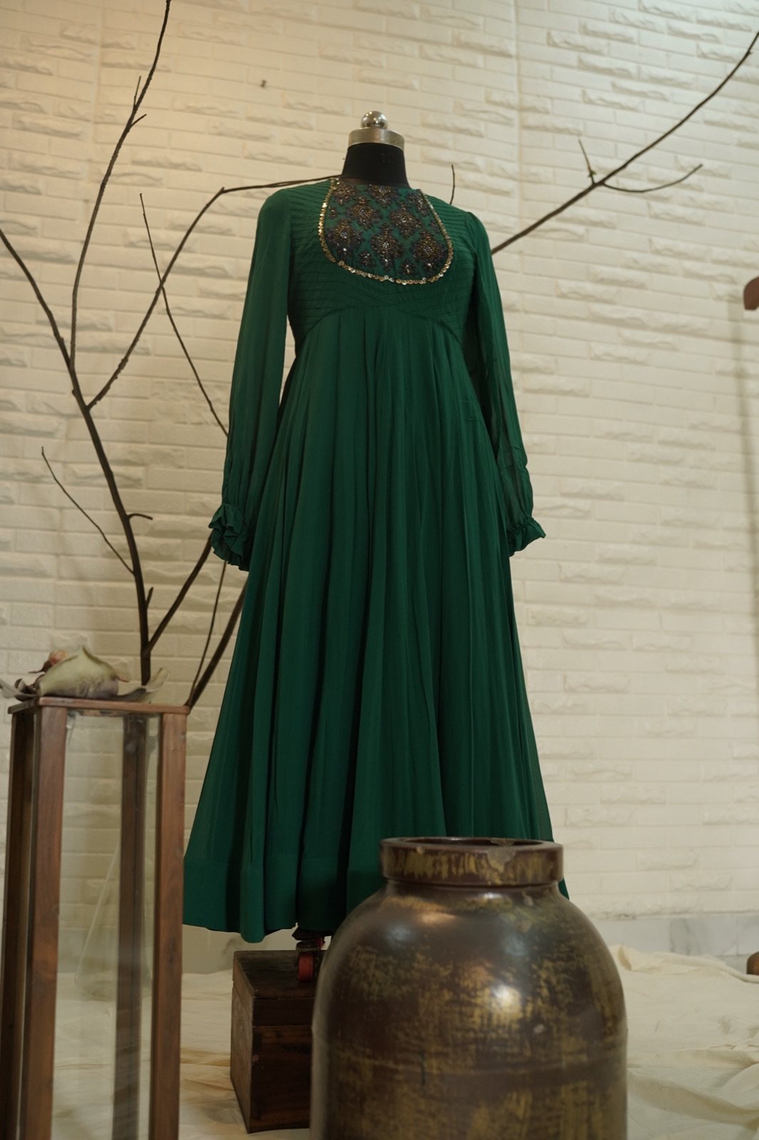 Emerald Green Anarkali with Embroidered Yoke - view 3
