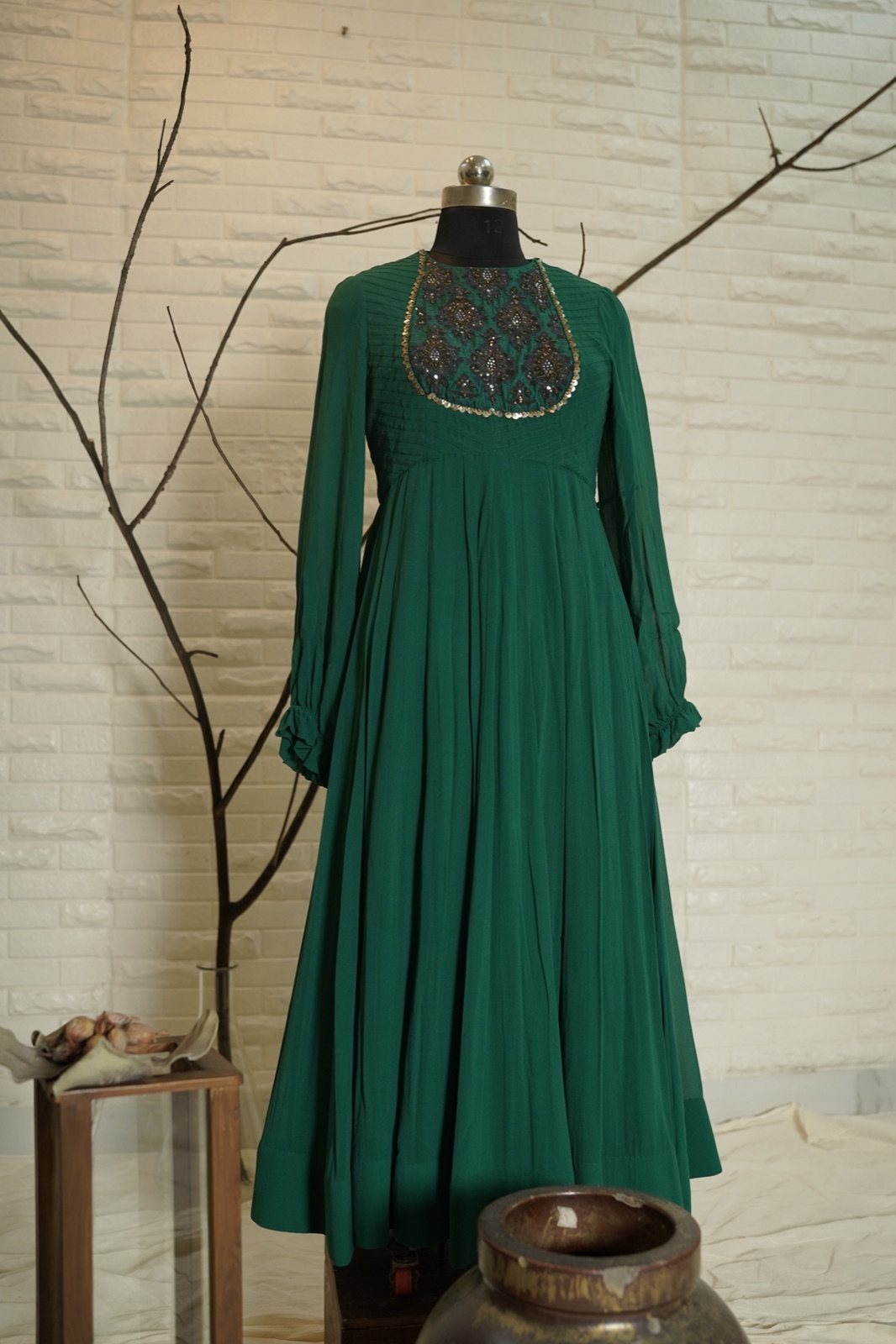 Emerald Green Anarkali with Embroidered Yoke - view 4