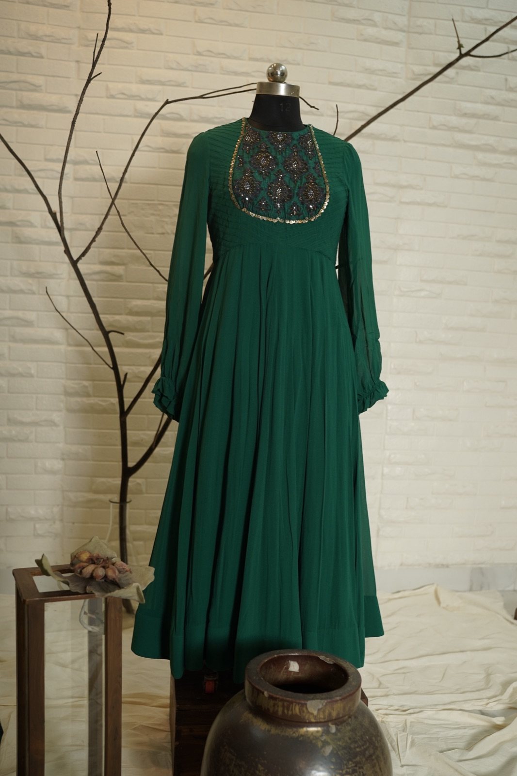 Emerald Green Anarkali with Embroidered Yoke - view 5