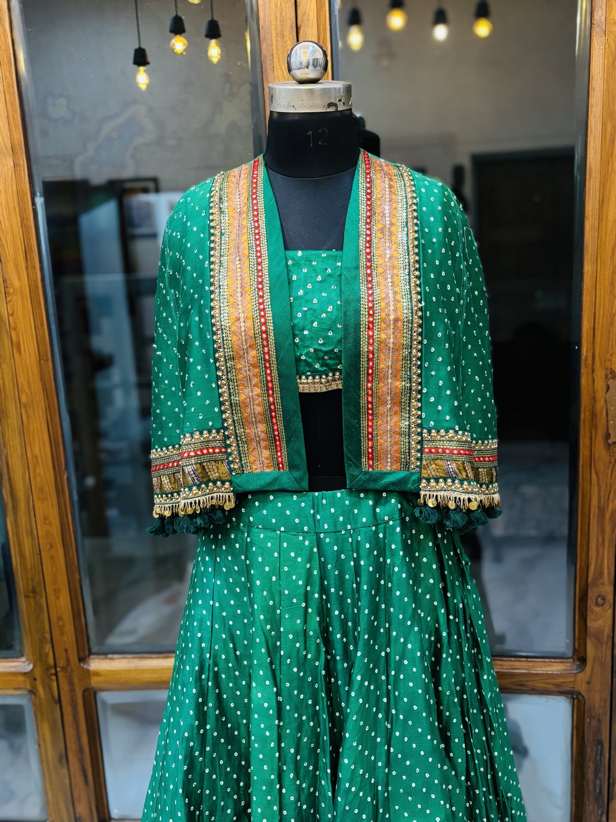 Emerald Bandhani Ghagra with Embroidered Jacket