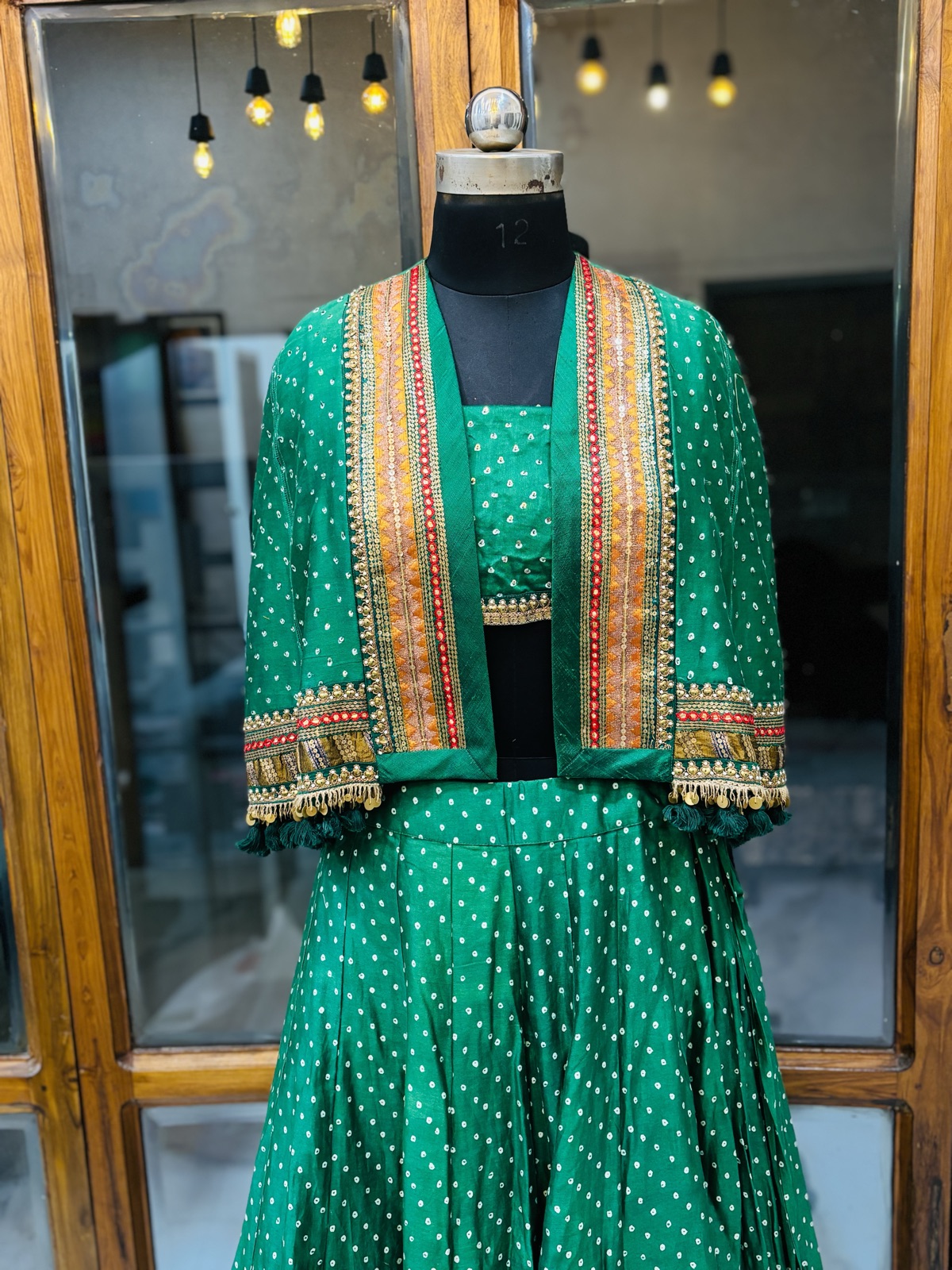 Emerald Bandhani Ghagra with Embroidered Jacket - view 2