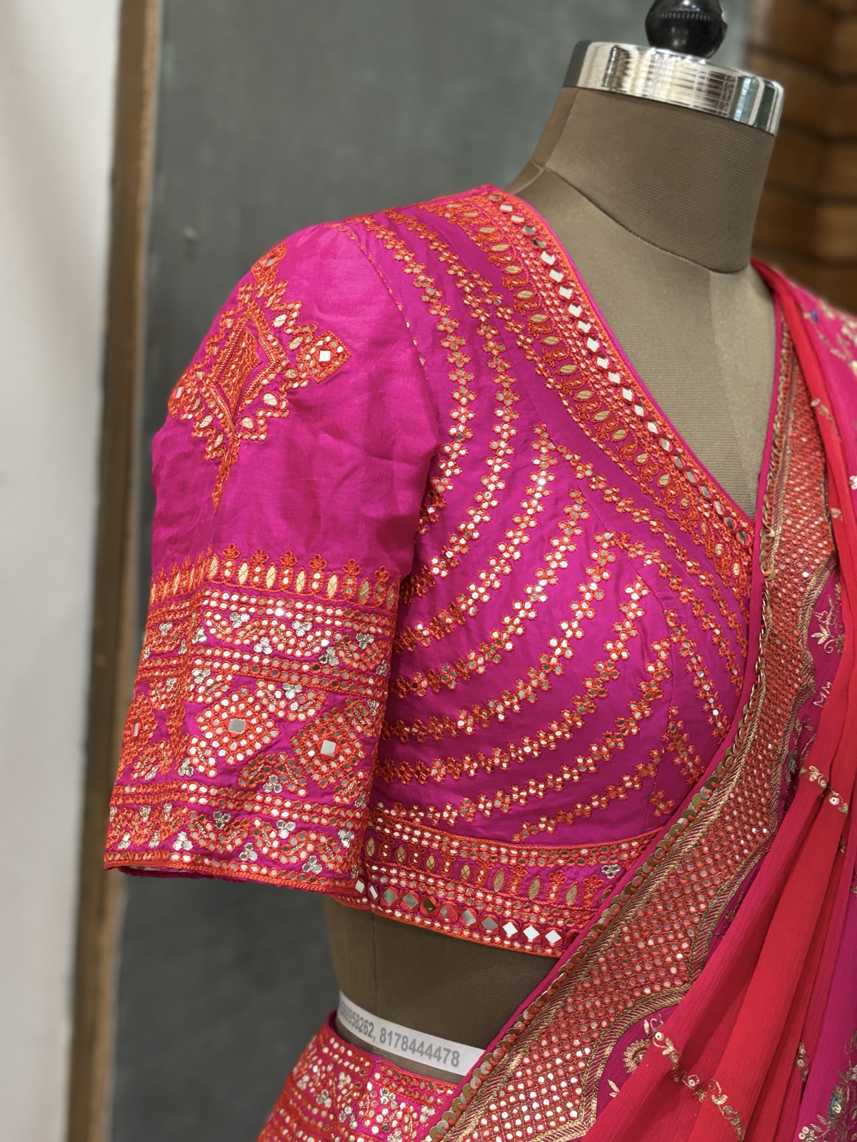 Hot Pink Mirror-Work Lehenga with Drape Dupatta - view 4
