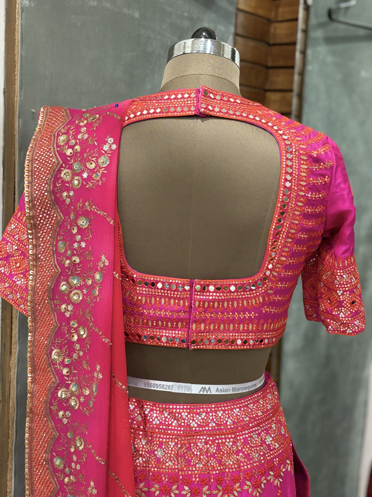Hot Pink Mirror-Work Lehenga with Drape Dupatta - view 5