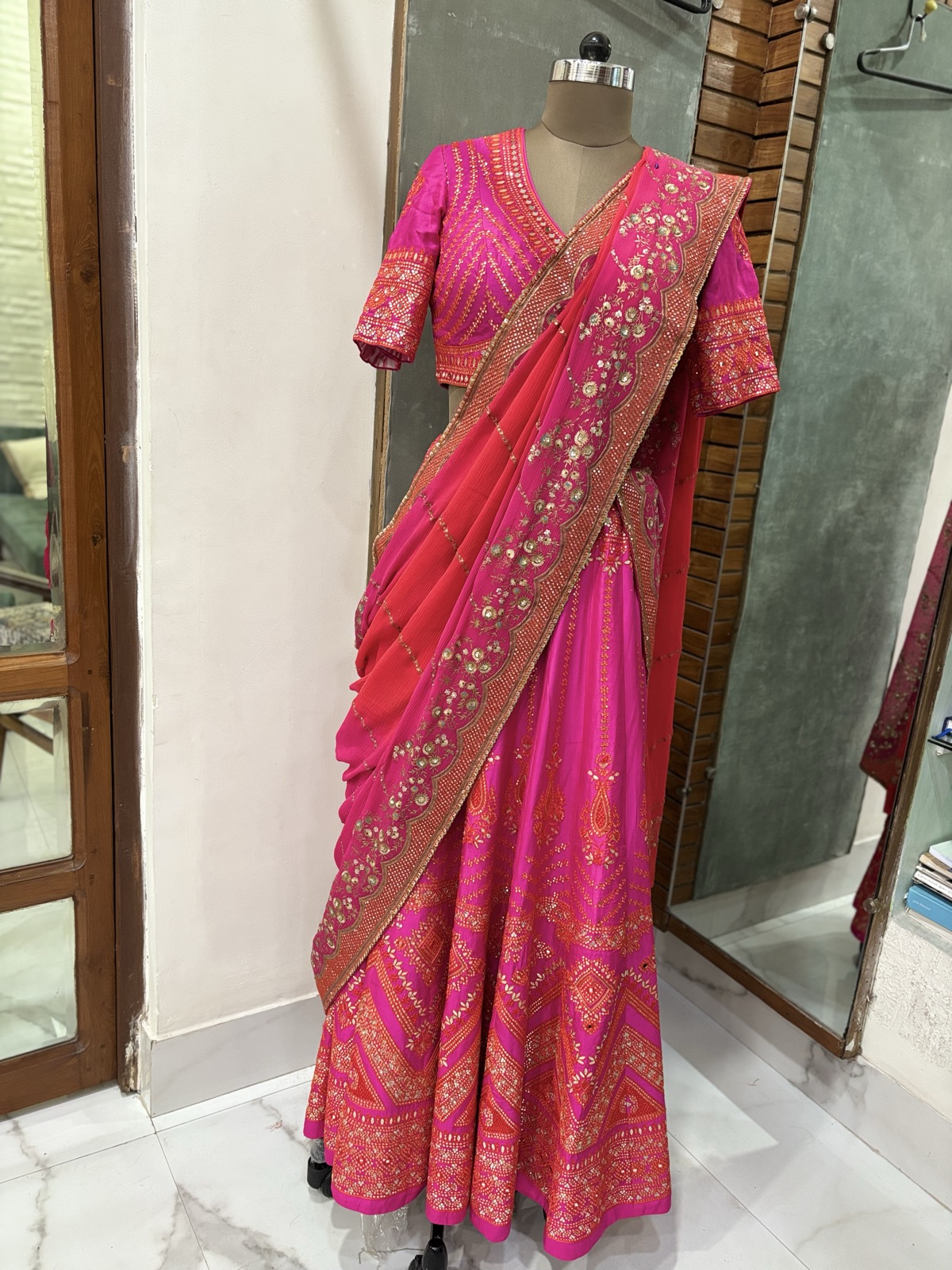 Hot Pink Mirror-Work Lehenga with Drape Dupatta - view 8