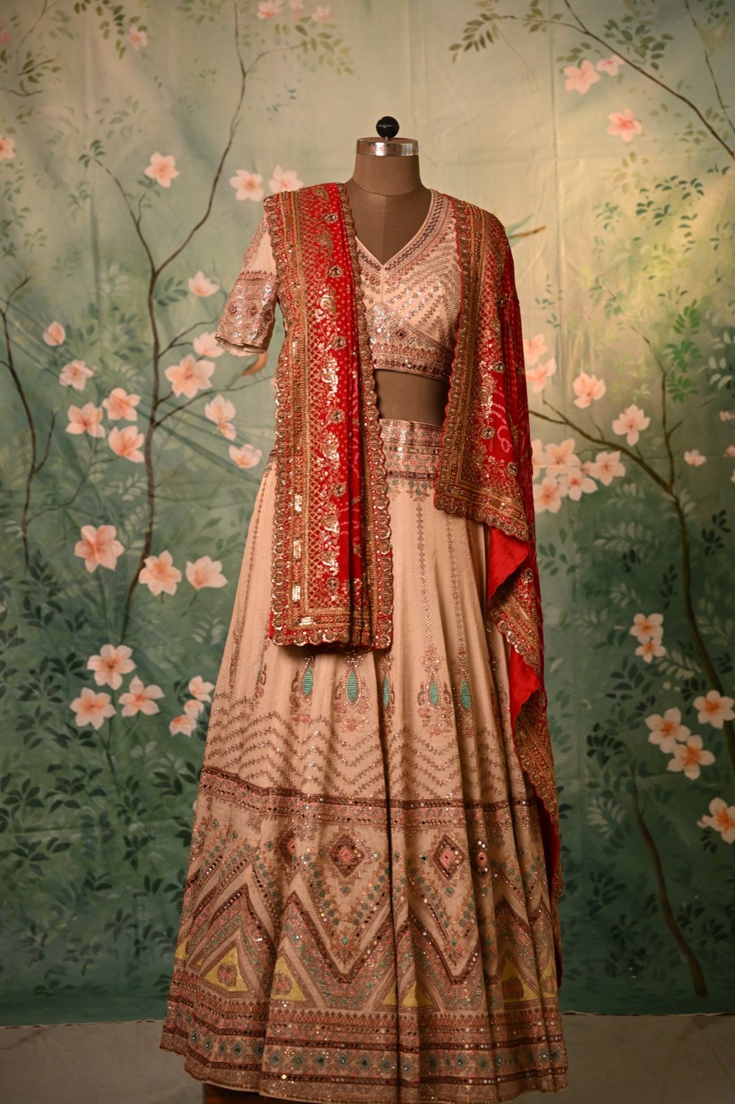 Ivory Geometric Lehenga with Red Embroidered Dupatta