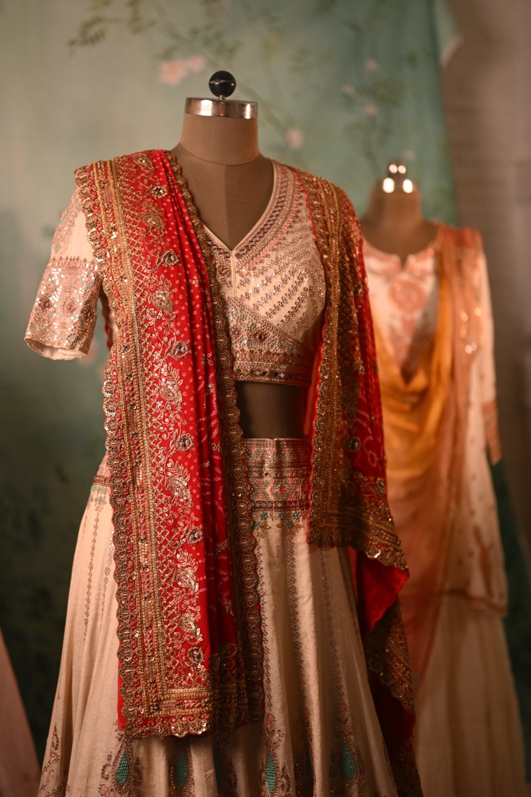 Ivory Geometric Lehenga with Red Embroidered Dupatta