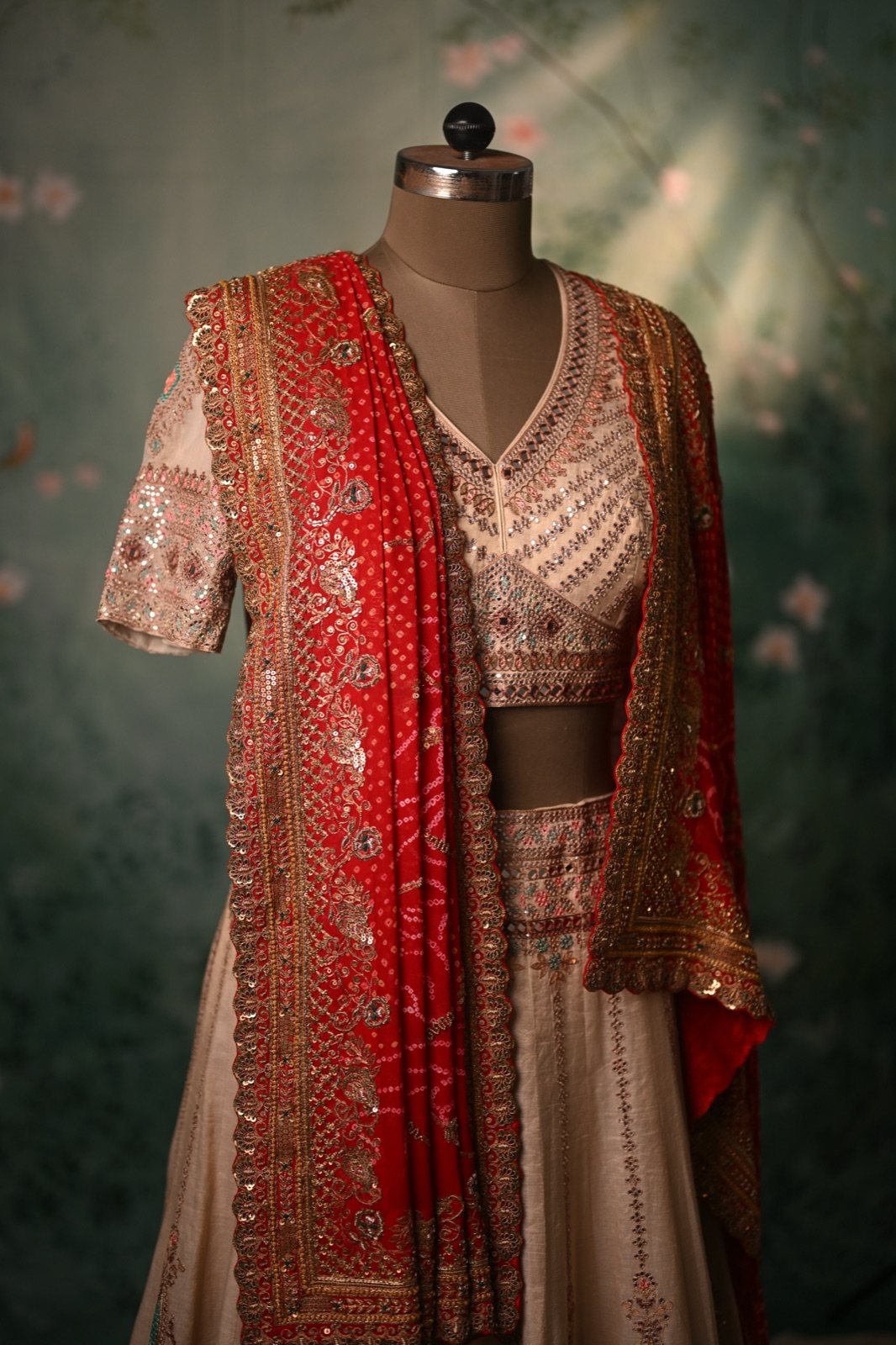 Ivory Geometric Lehenga with Red Embroidered Dupatta - view 3