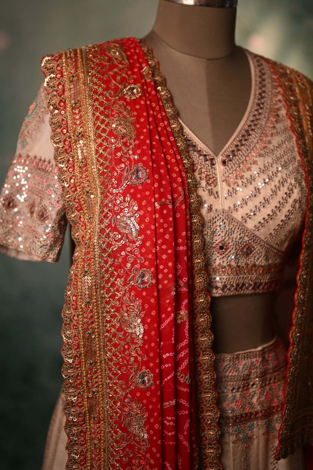 Ivory Geometric Lehenga with Red Embroidered Dupatta - view 4