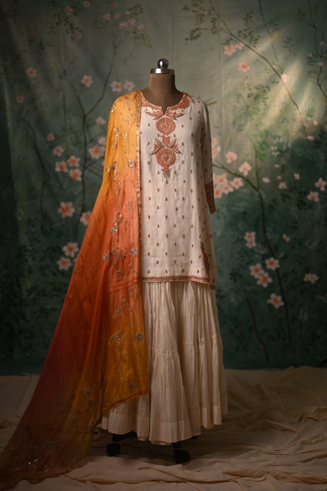 Ivory Kurta Sharara Set with Marigold Dupatta