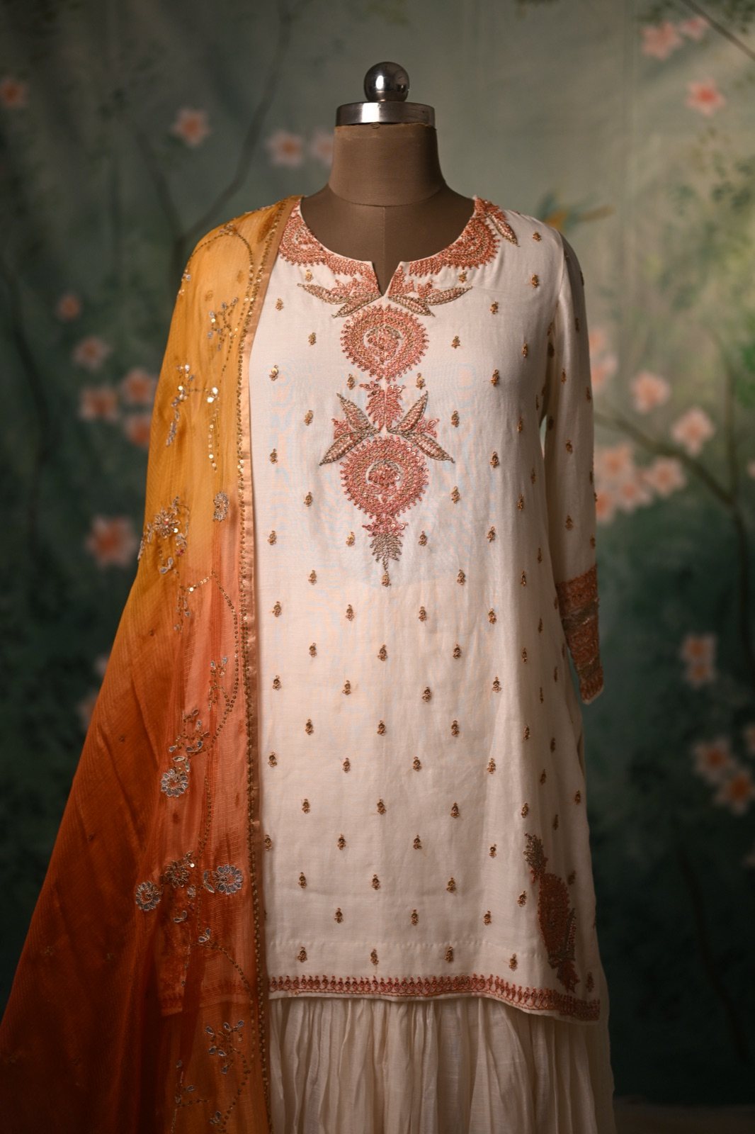 Ivory Kurta Sharara Set with Marigold Dupatta