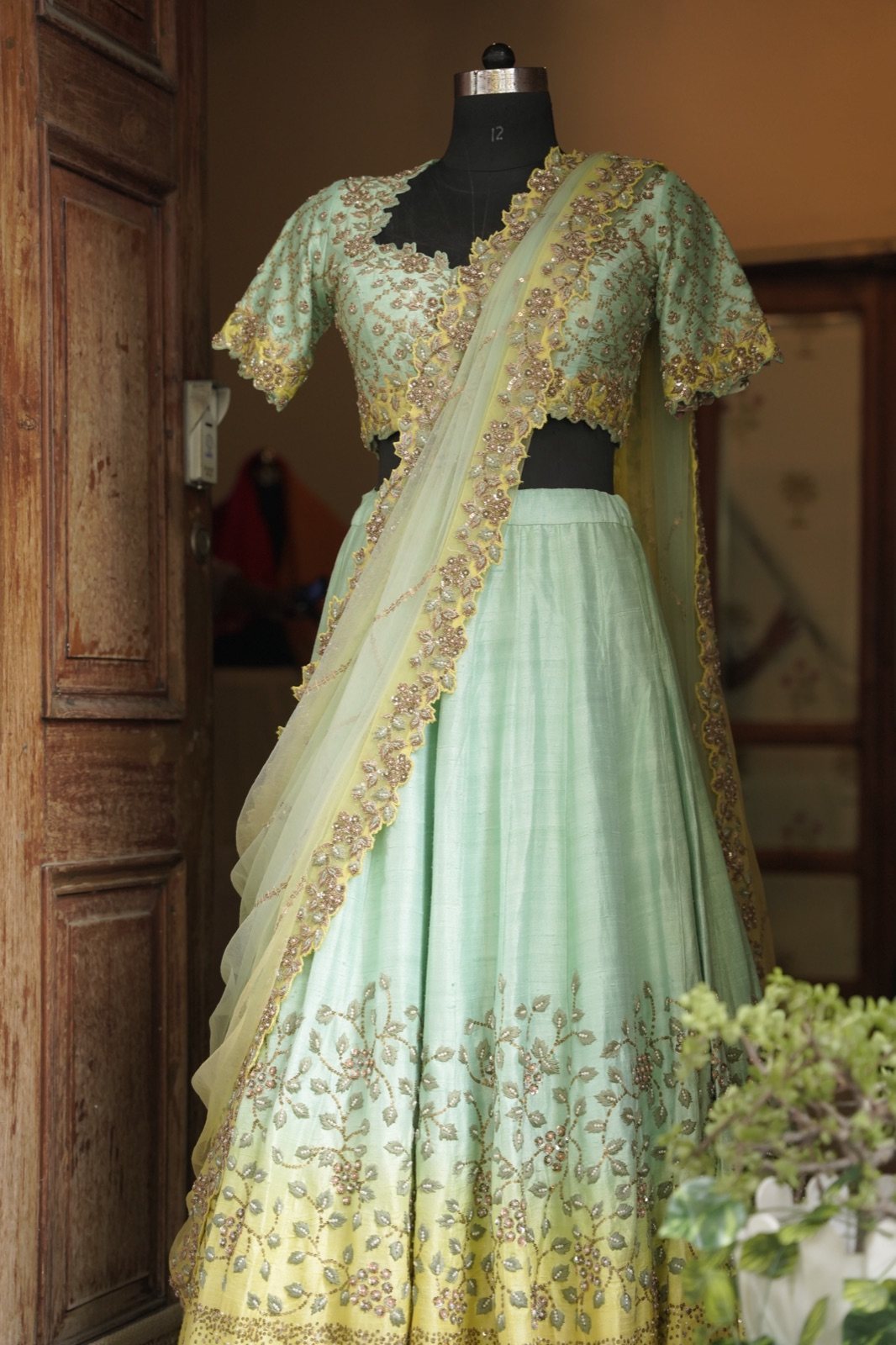 Mint & Lemon Ombré Lehenga with Floral Embroidery