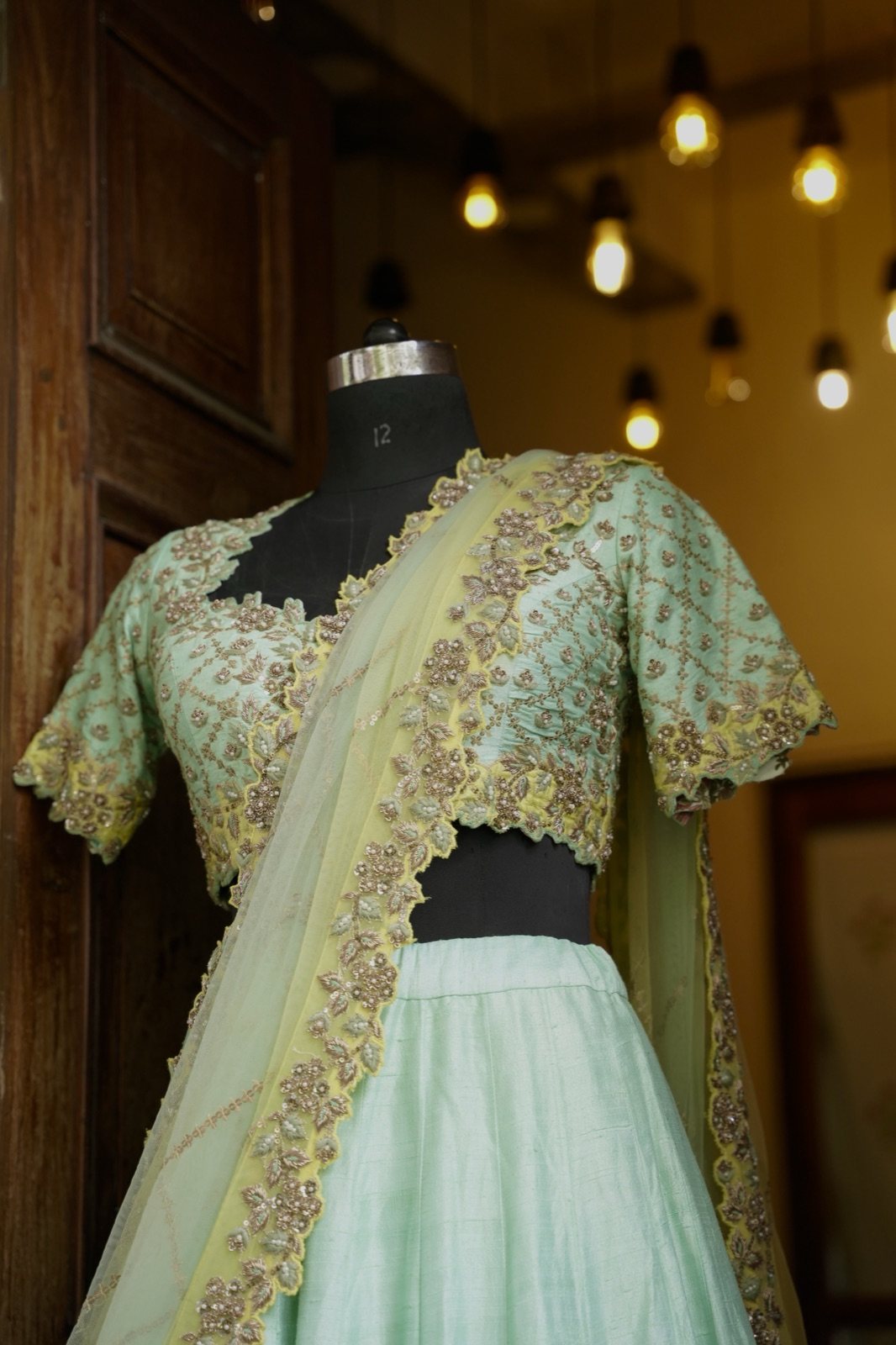 Mint & Lemon Ombré Lehenga with Floral Embroidery - view 3