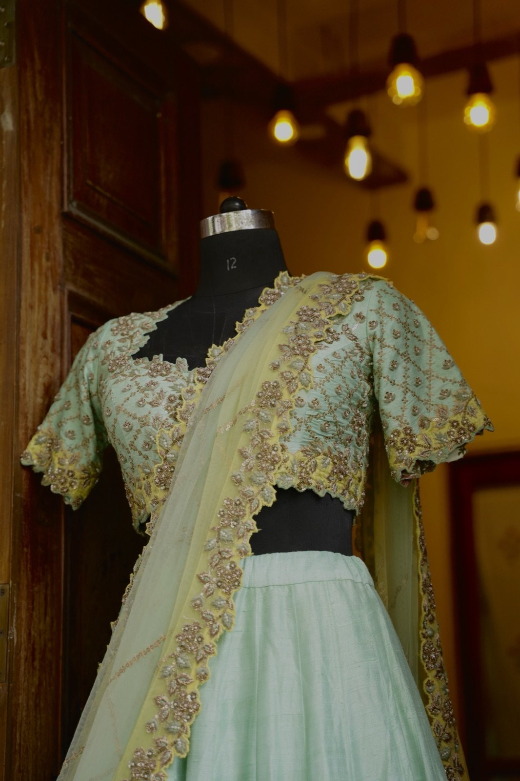 Mint & Lemon Ombré Lehenga with Floral Embroidery - view 4