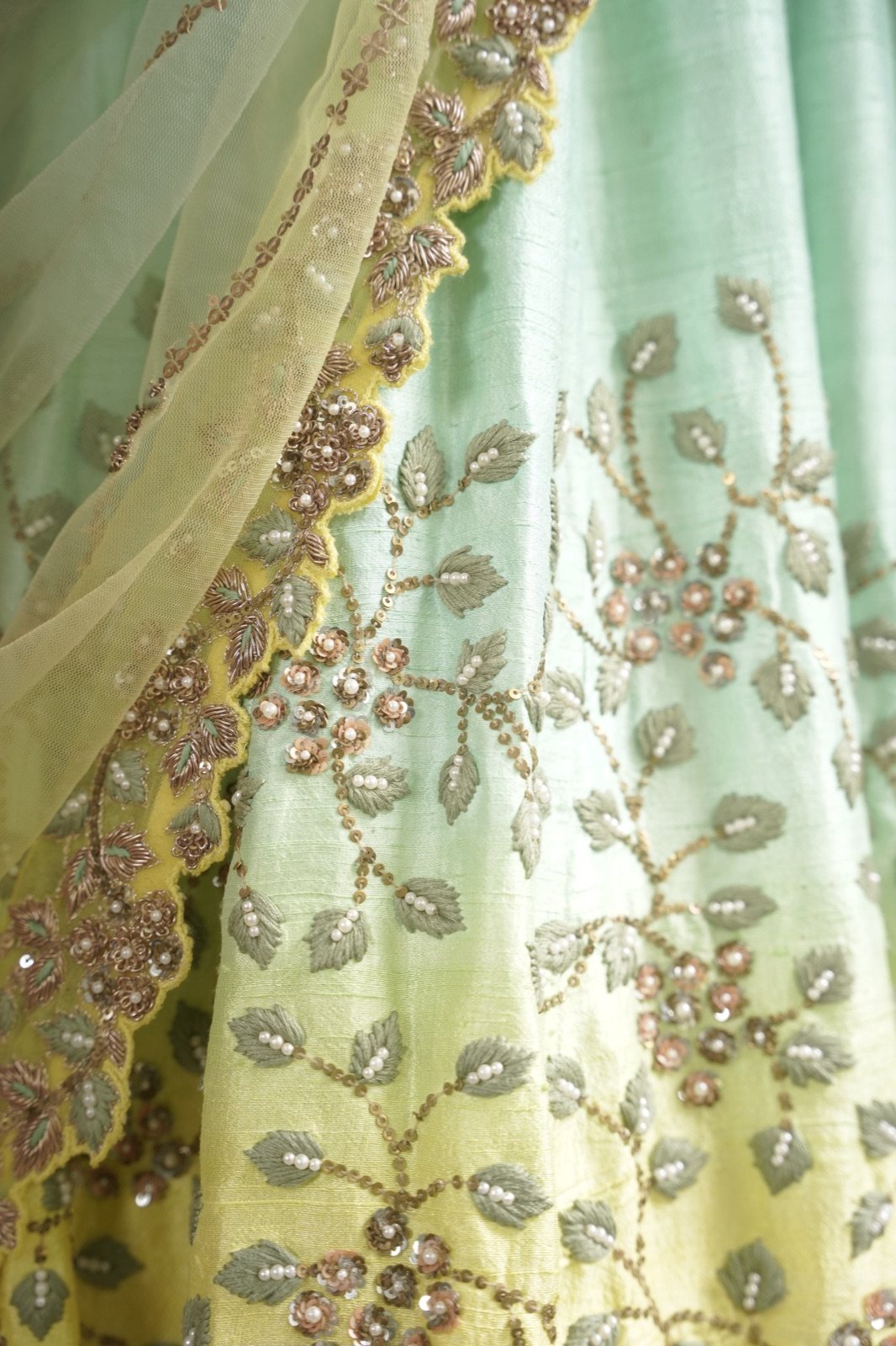 Mint & Lemon Ombré Lehenga with Floral Embroidery - view 7
