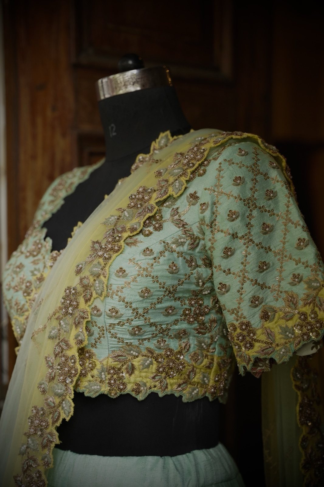 Mint & Lemon Ombré Lehenga with Floral Embroidery - view 8