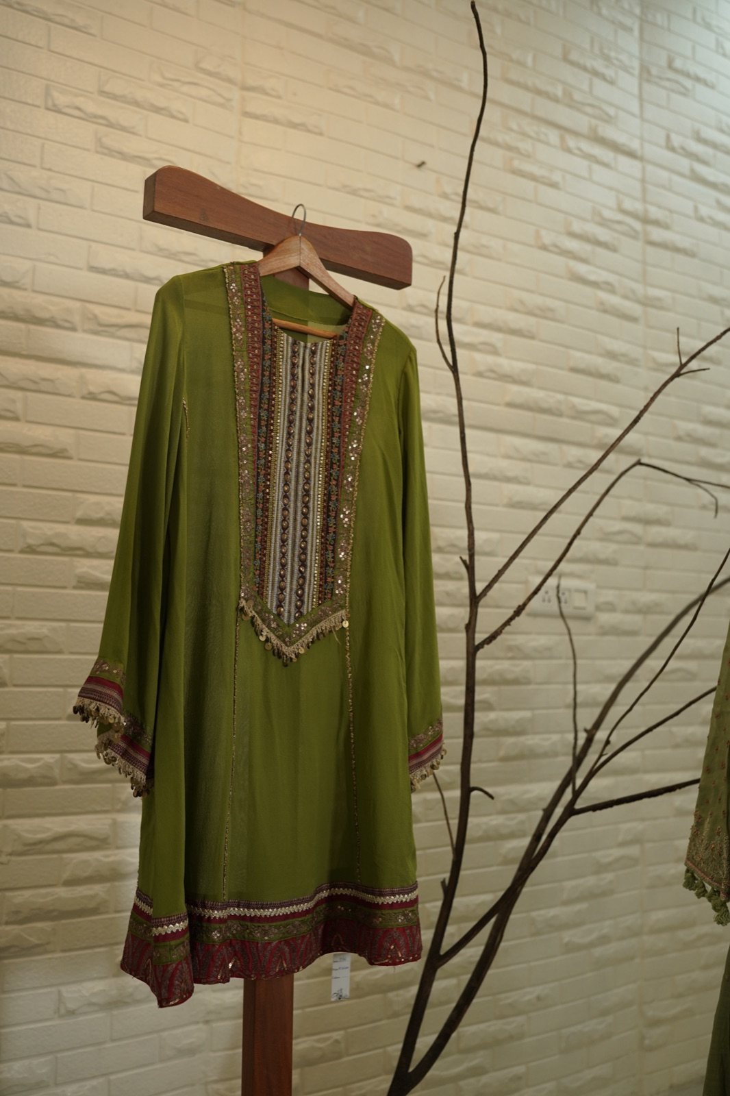 Olive Green Kaftan Top with Embroidered Placket