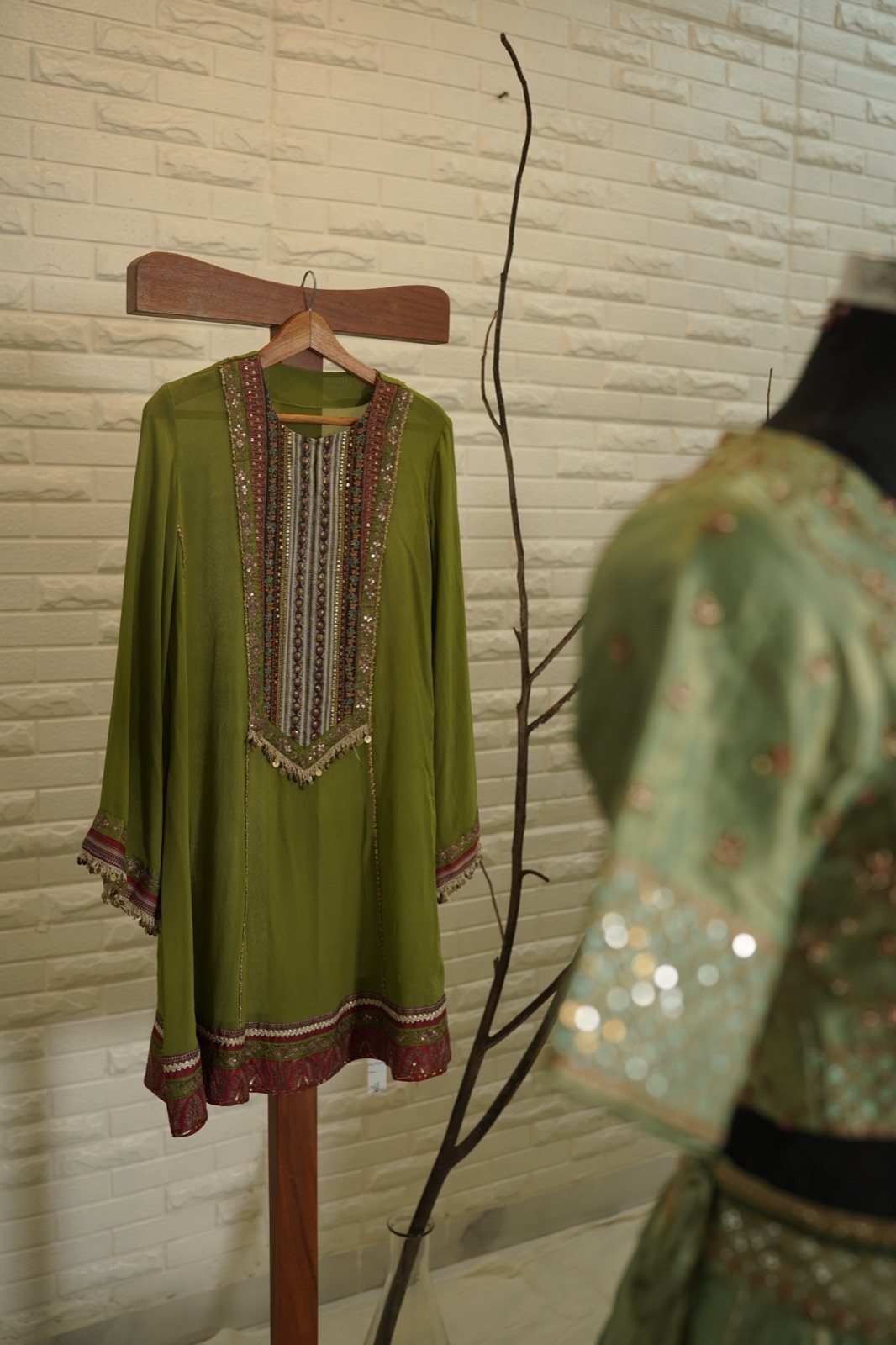 Olive Green Kaftan Top with Embroidered Placket