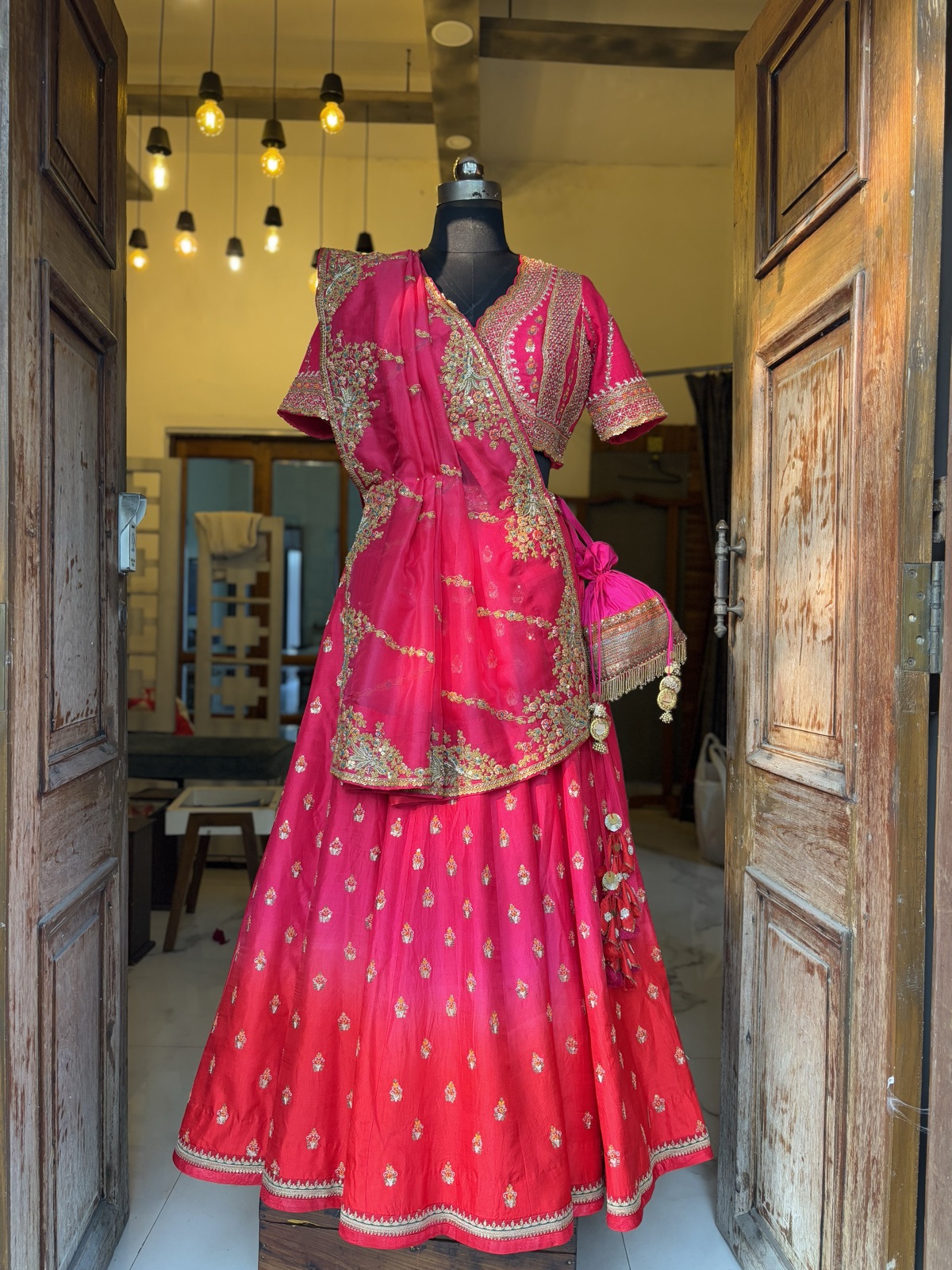 Ombré Pink Lehenga with Embroidered Drape