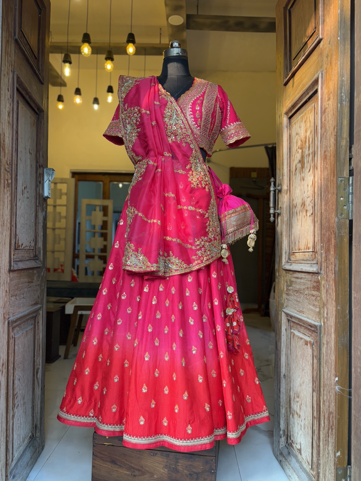 Ombré Pink Lehenga with Embroidered Drape - view 3