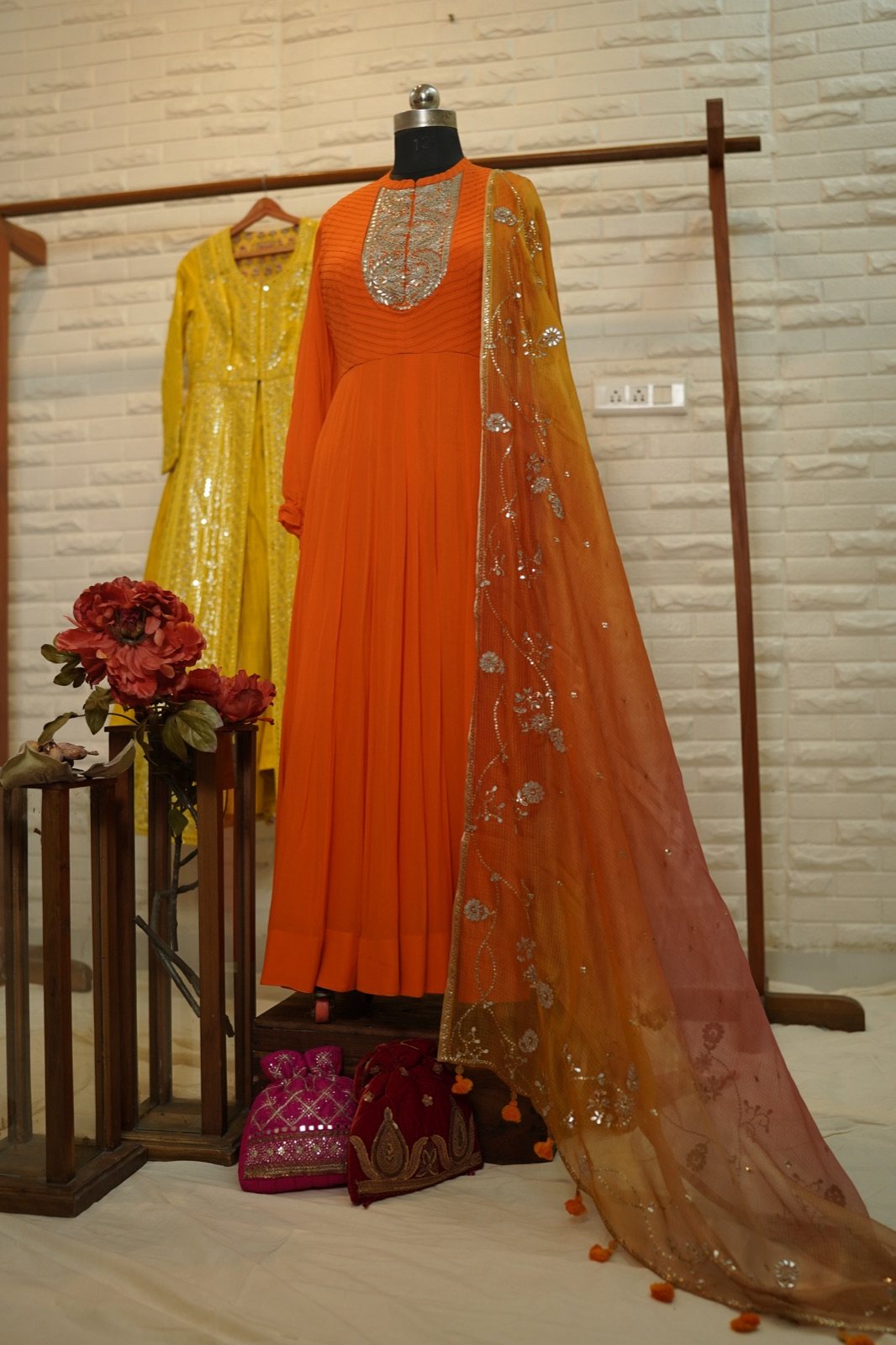 Orange Anarkali with Silver Zardozi Yoke