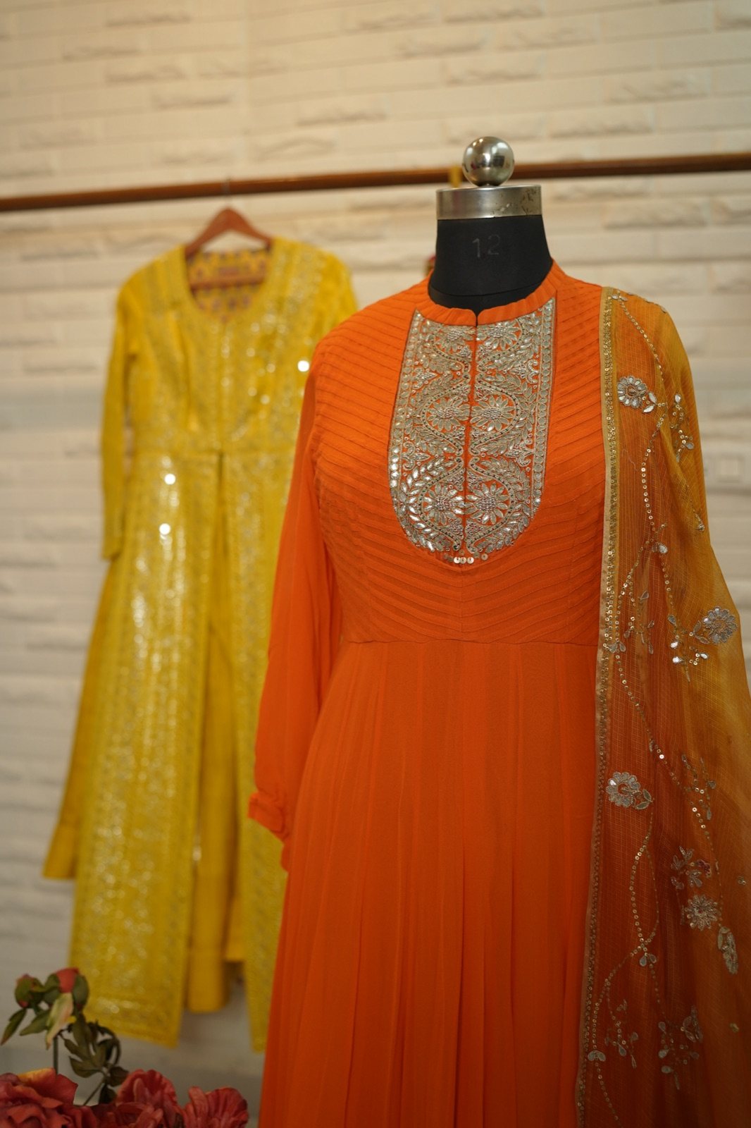 Orange Anarkali with Silver Zardozi Yoke - view 3