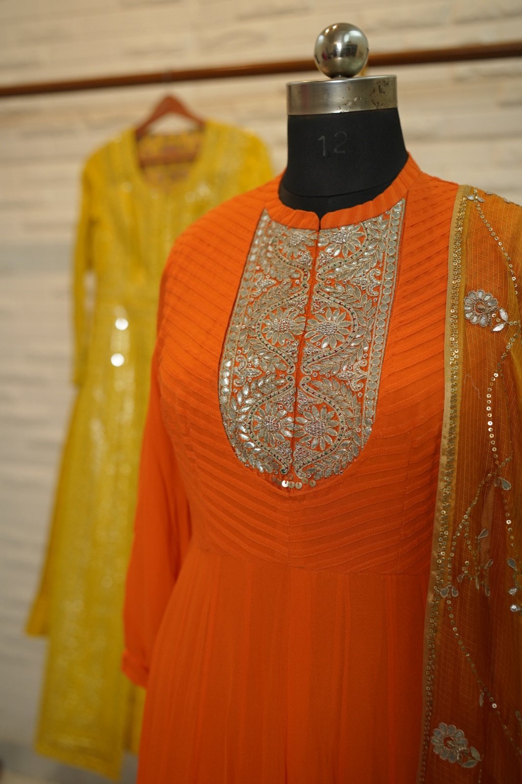 Orange Anarkali with Silver Zardozi Yoke - view 4