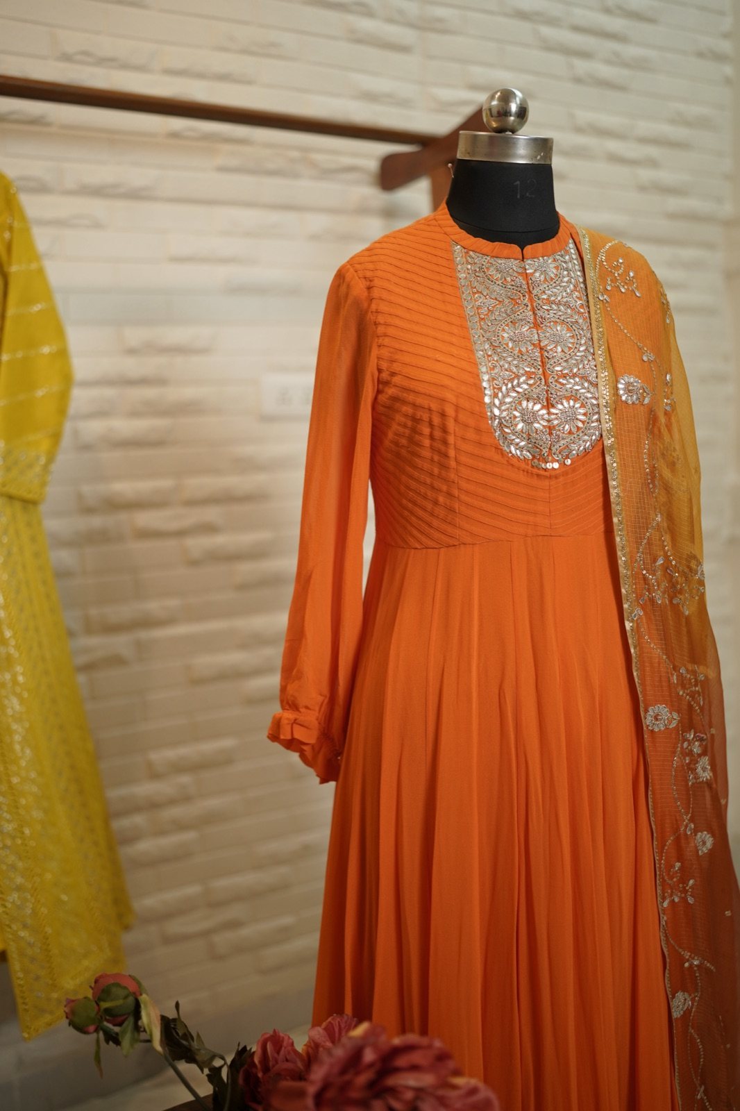 Orange Anarkali with Silver Zardozi Yoke - view 5