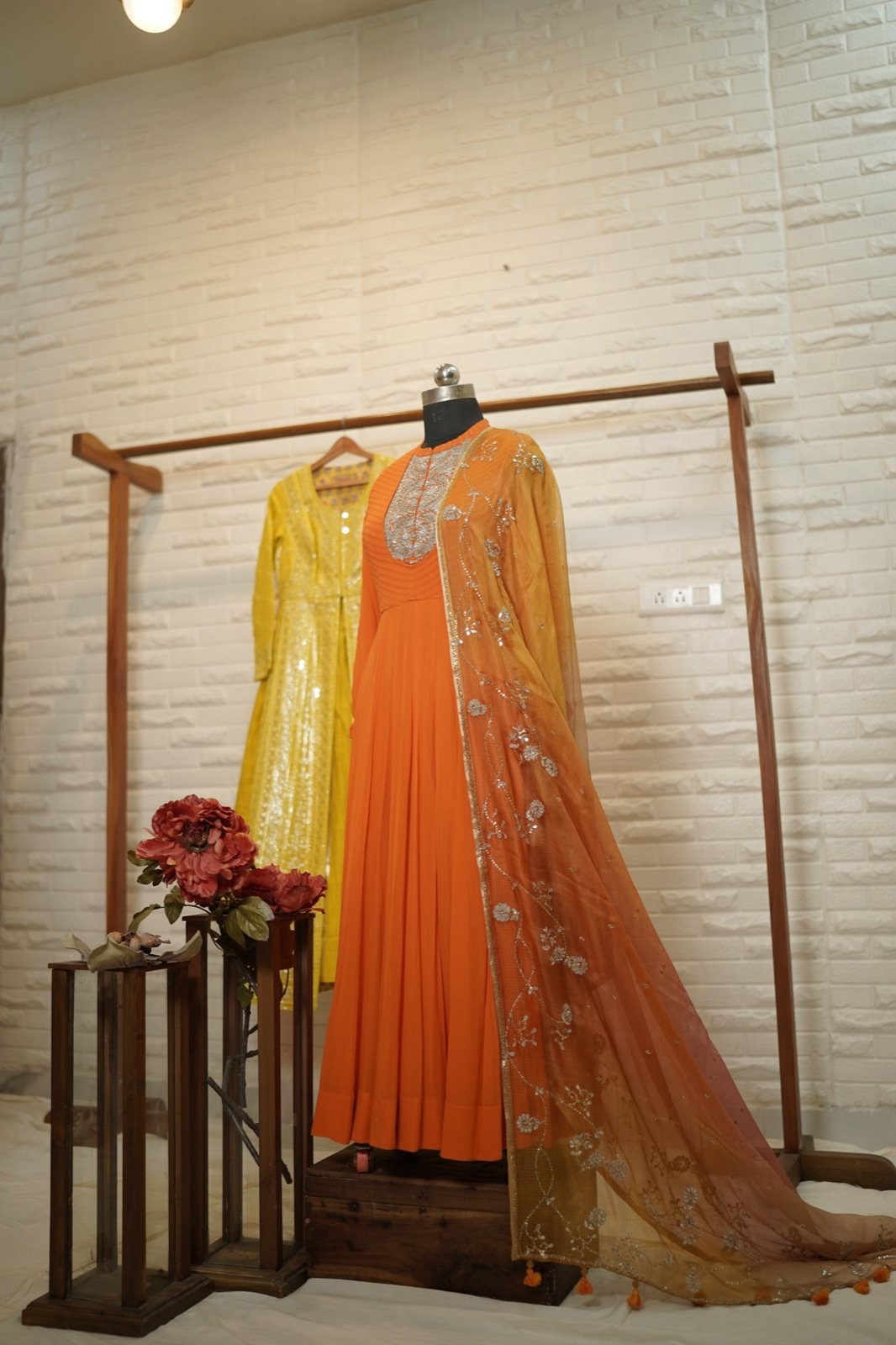 Orange Anarkali with Silver Zardozi Yoke - view 6