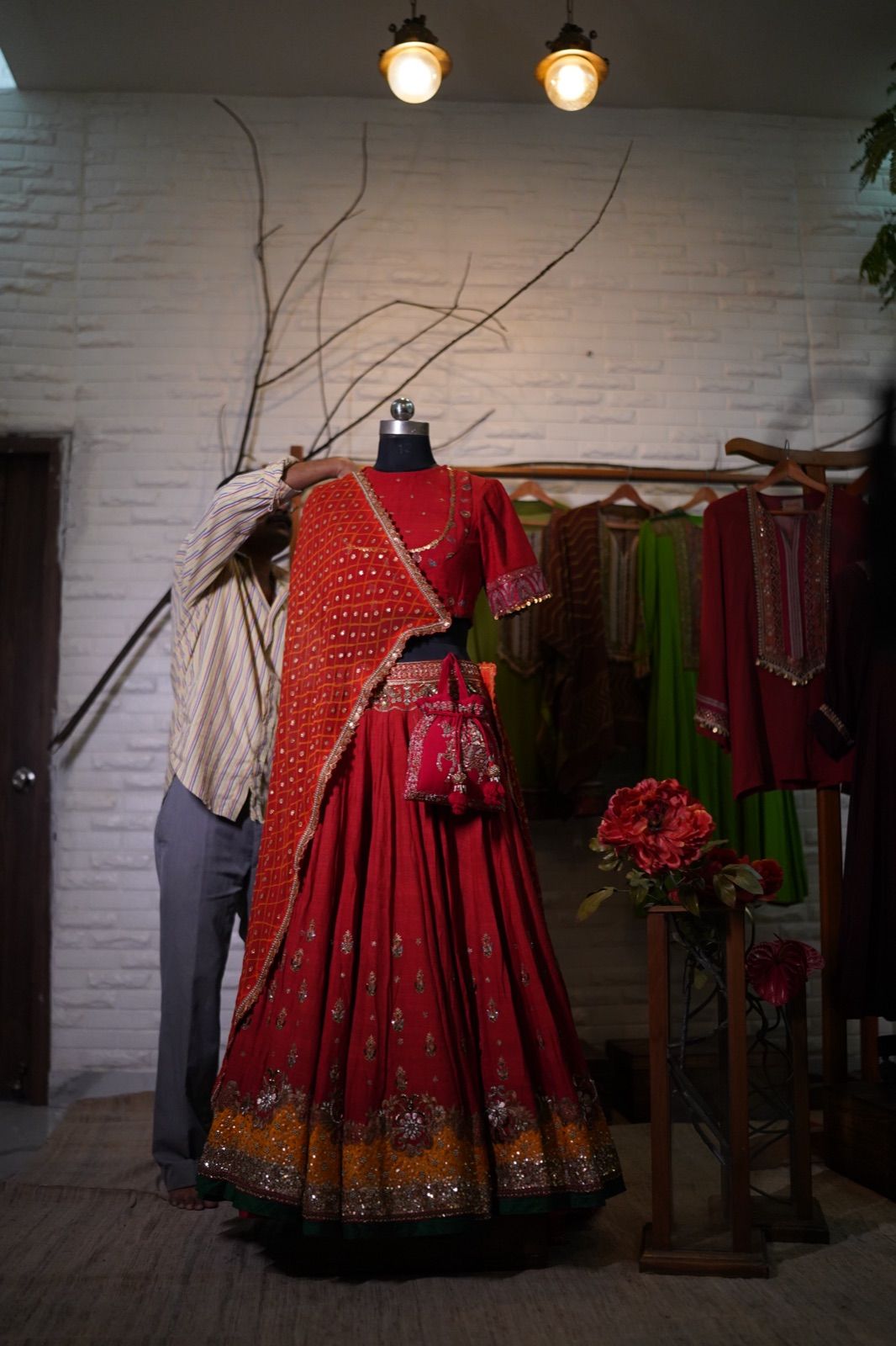 Rust Orange Bandhani Lehenga with Boat-Neck Blouse