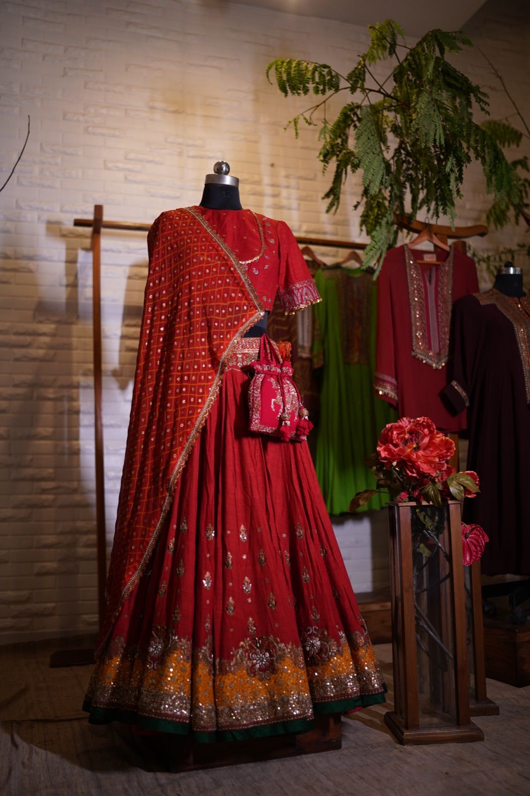 Rust Orange Bandhani Lehenga with Boat-Neck Blouse - view 3