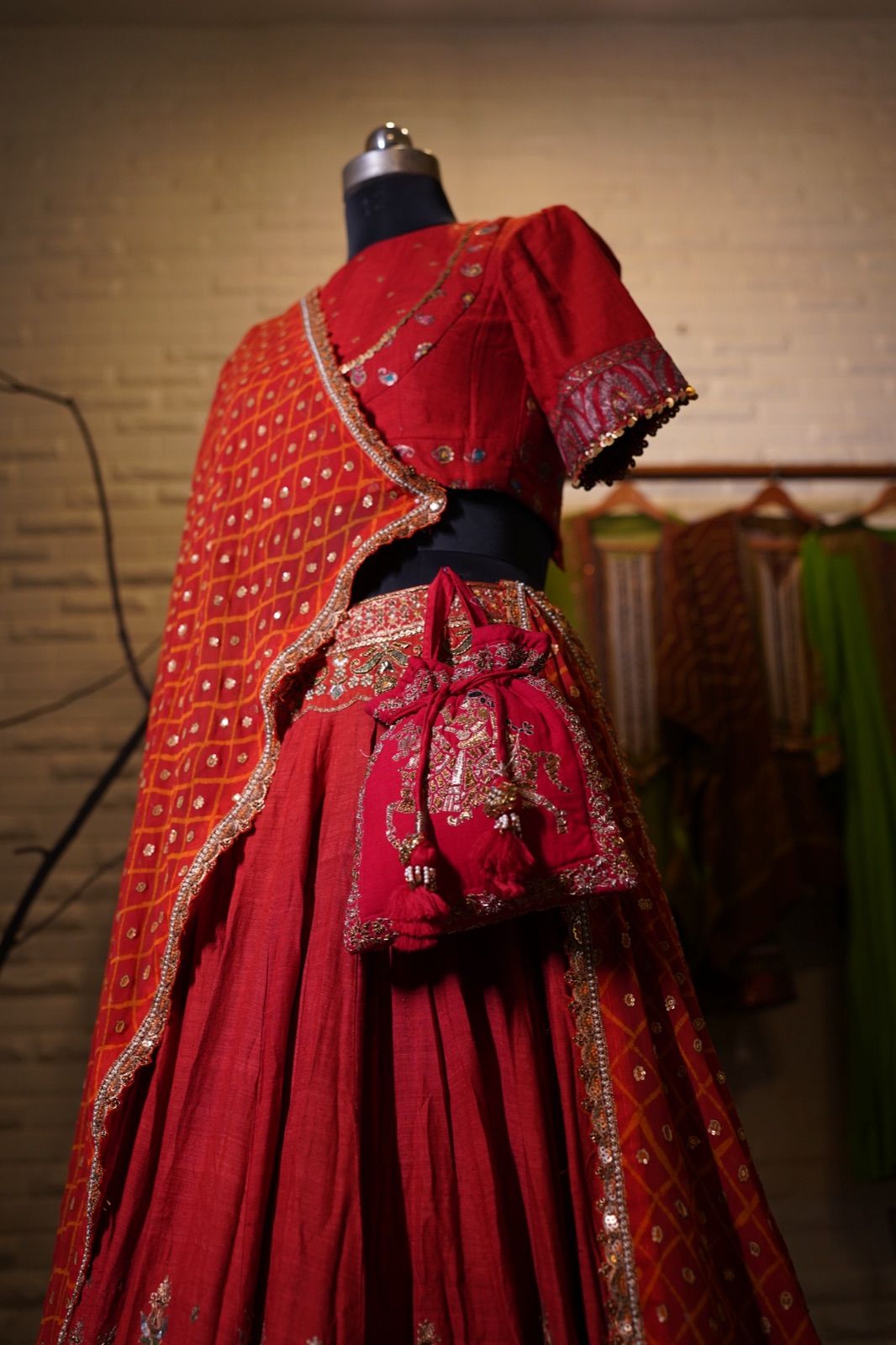Rust Orange Bandhani Lehenga with Boat-Neck Blouse - view 5