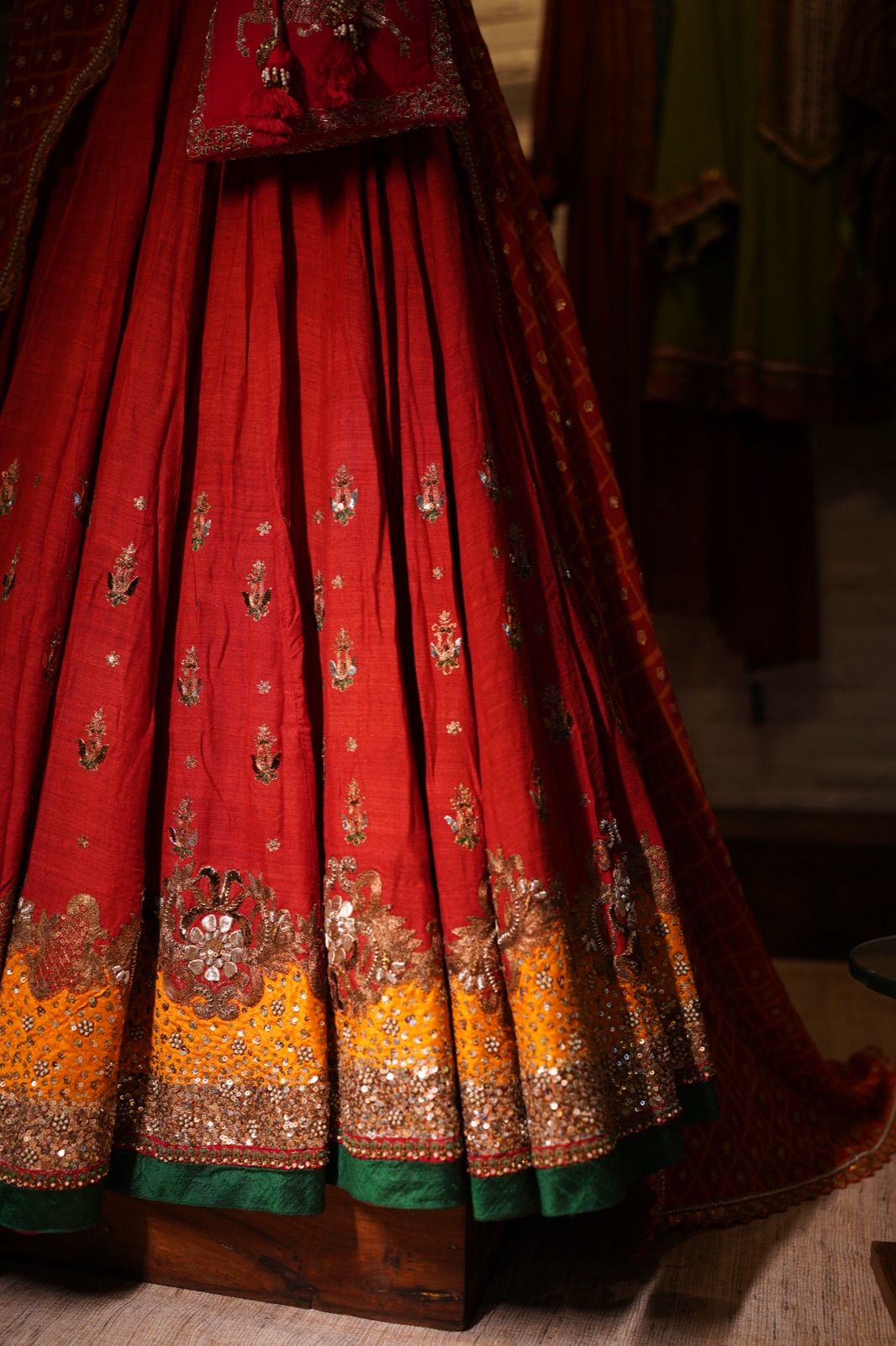 Rust Orange Bandhani Lehenga with Boat-Neck Blouse - view 6